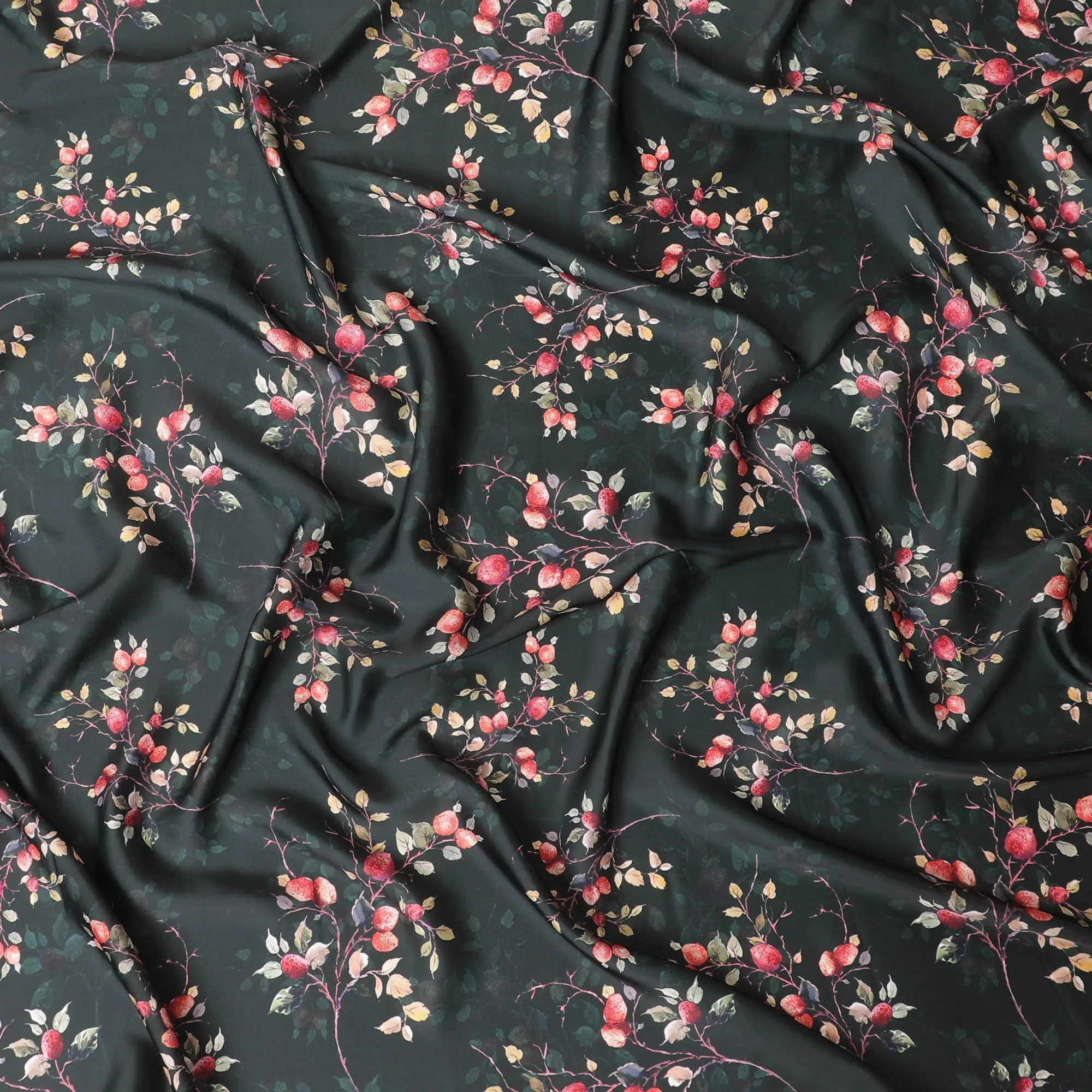 Black synthetic satin fabric with multicolor print in floral design-D10269