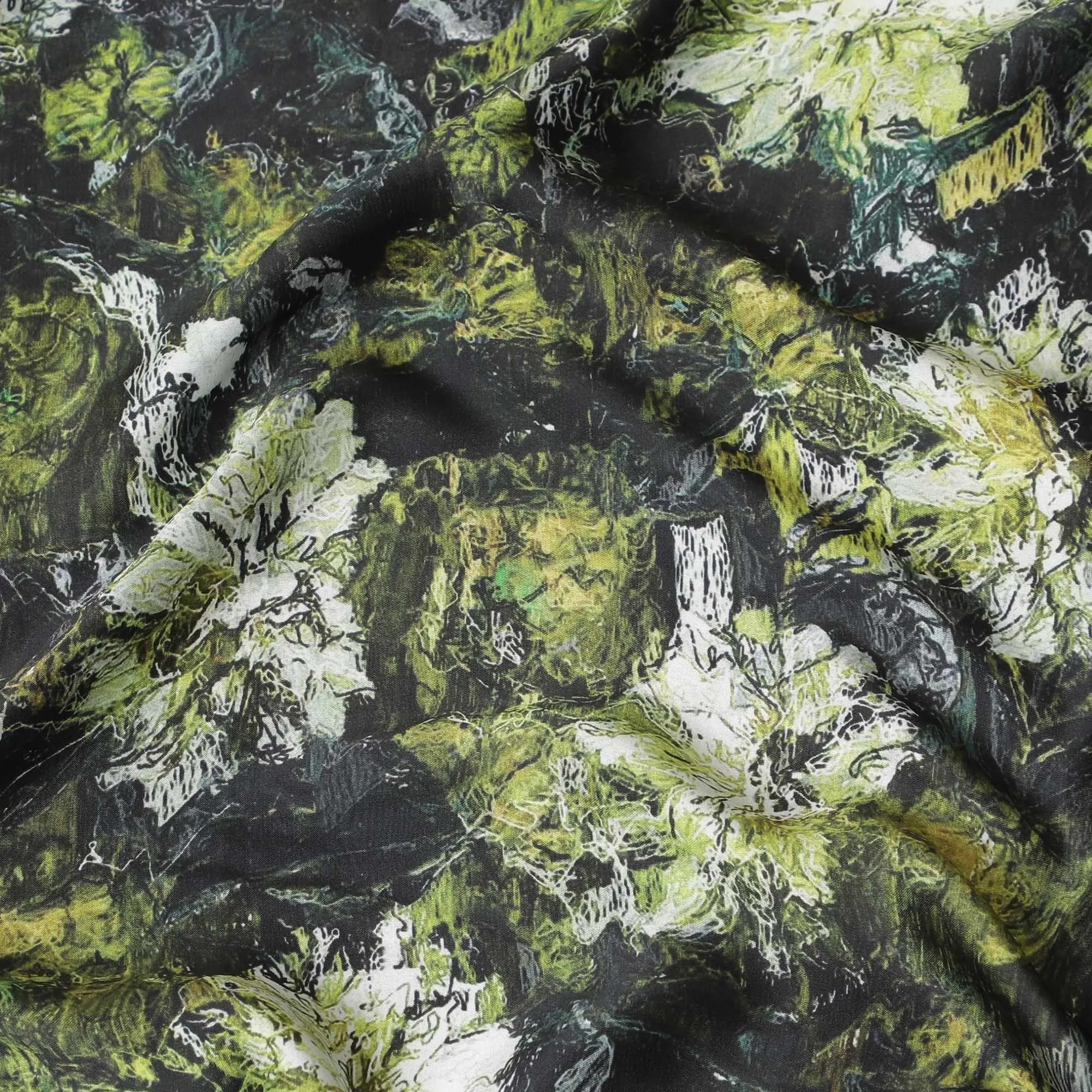 Black synthetic satin fabric with multicolor print in floral design-D14177