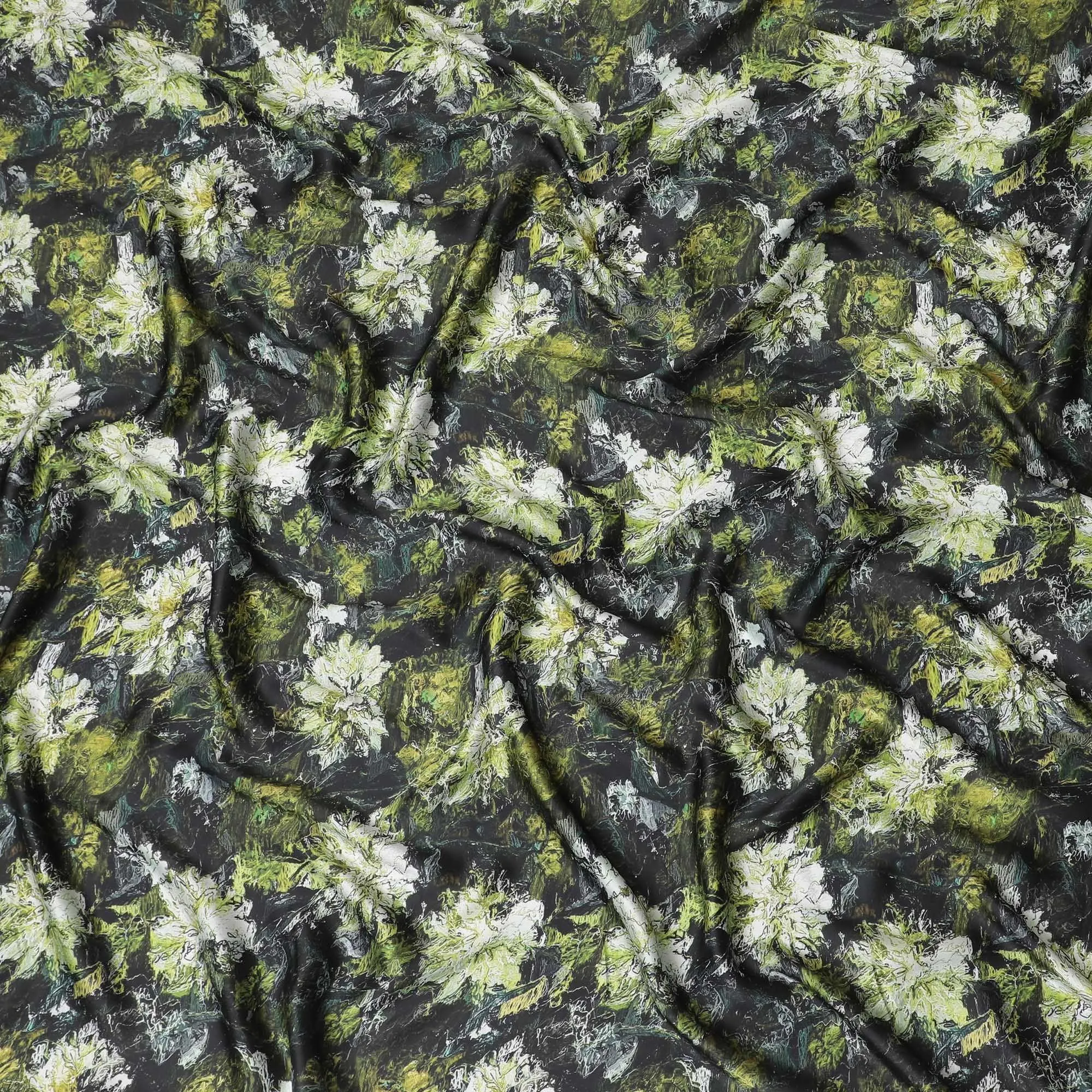 Black synthetic satin fabric with multicolor print in floral design-D14177