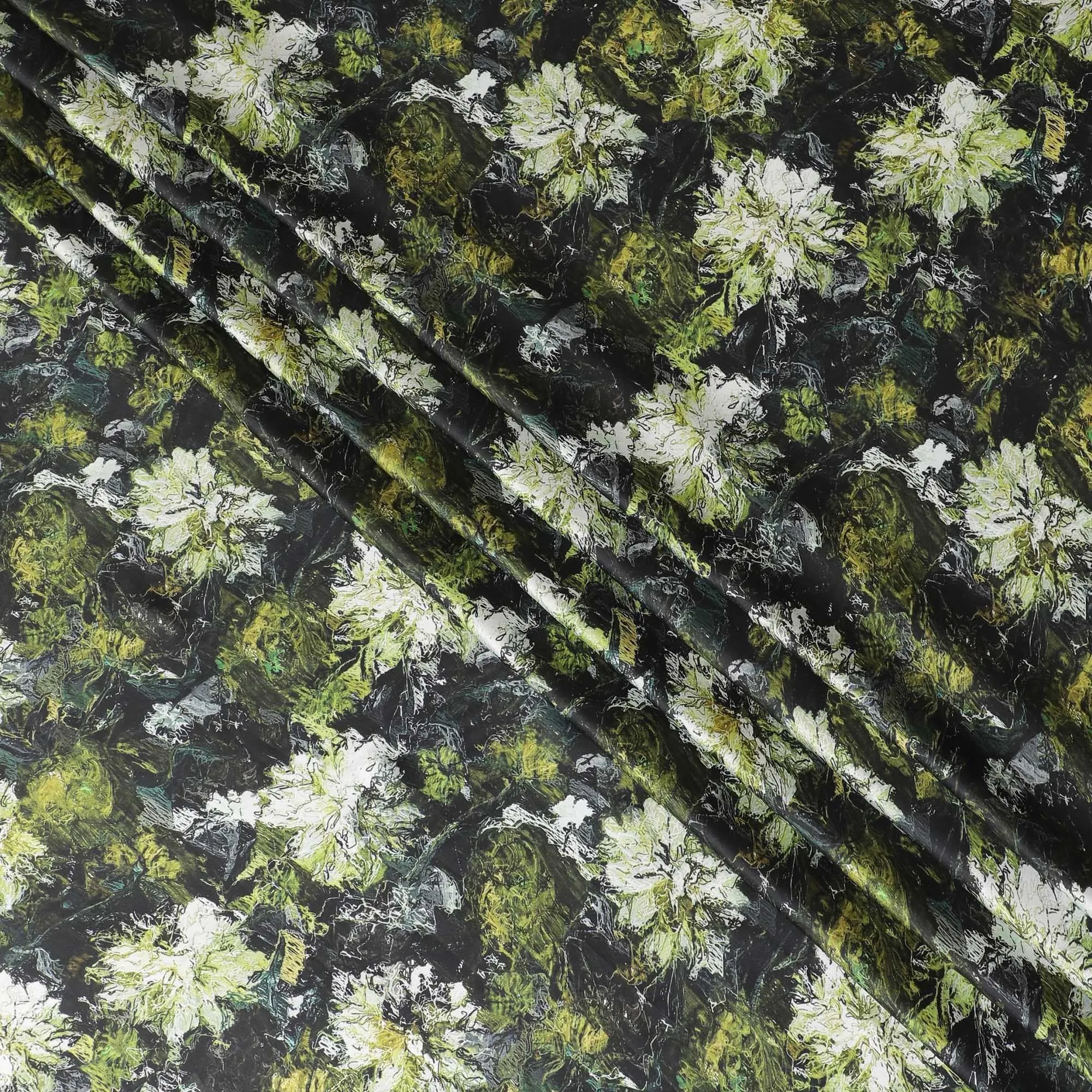 Black synthetic satin fabric with multicolor print in floral design-D14177