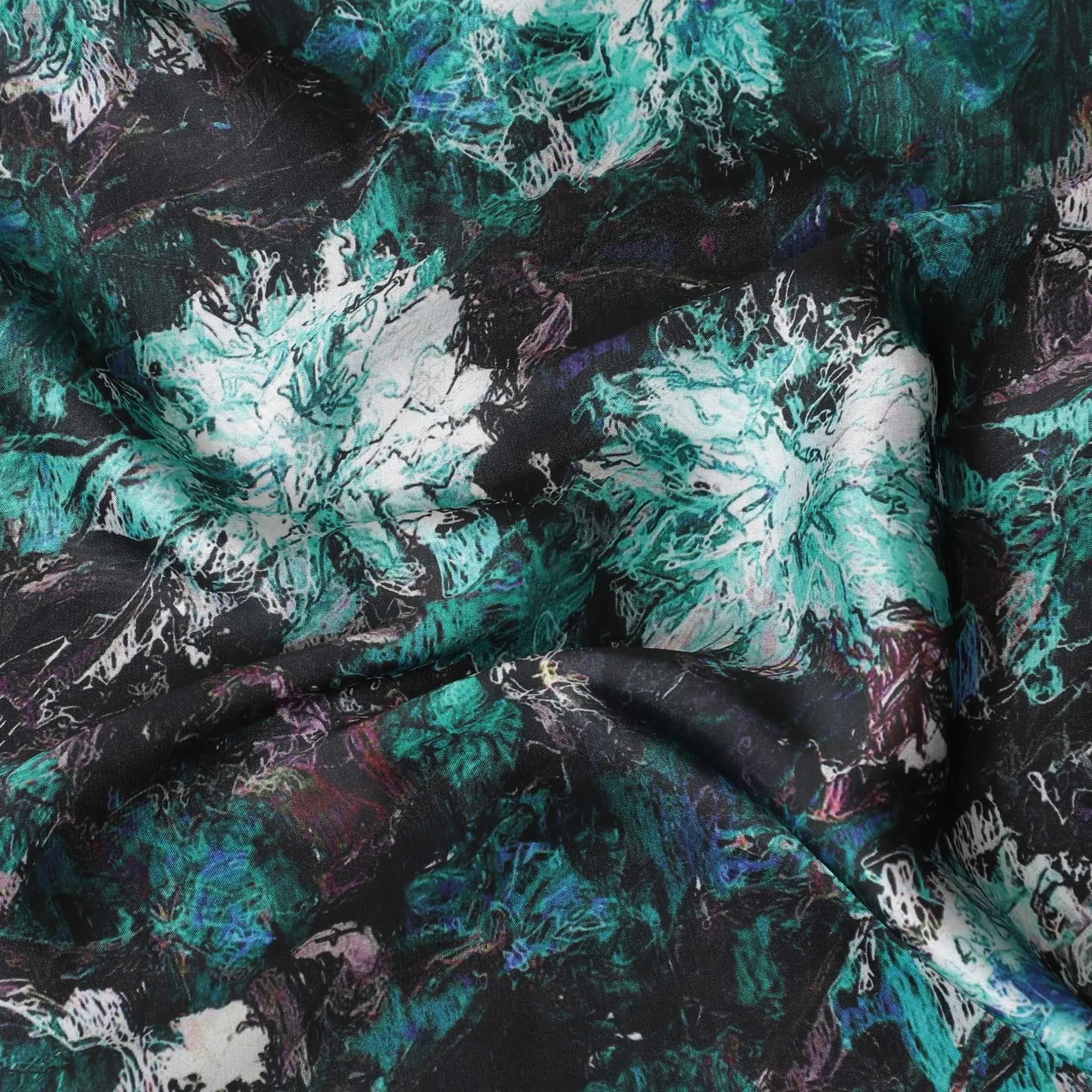 Black synthetic satin fabric with multicolor print in floral design-D14178