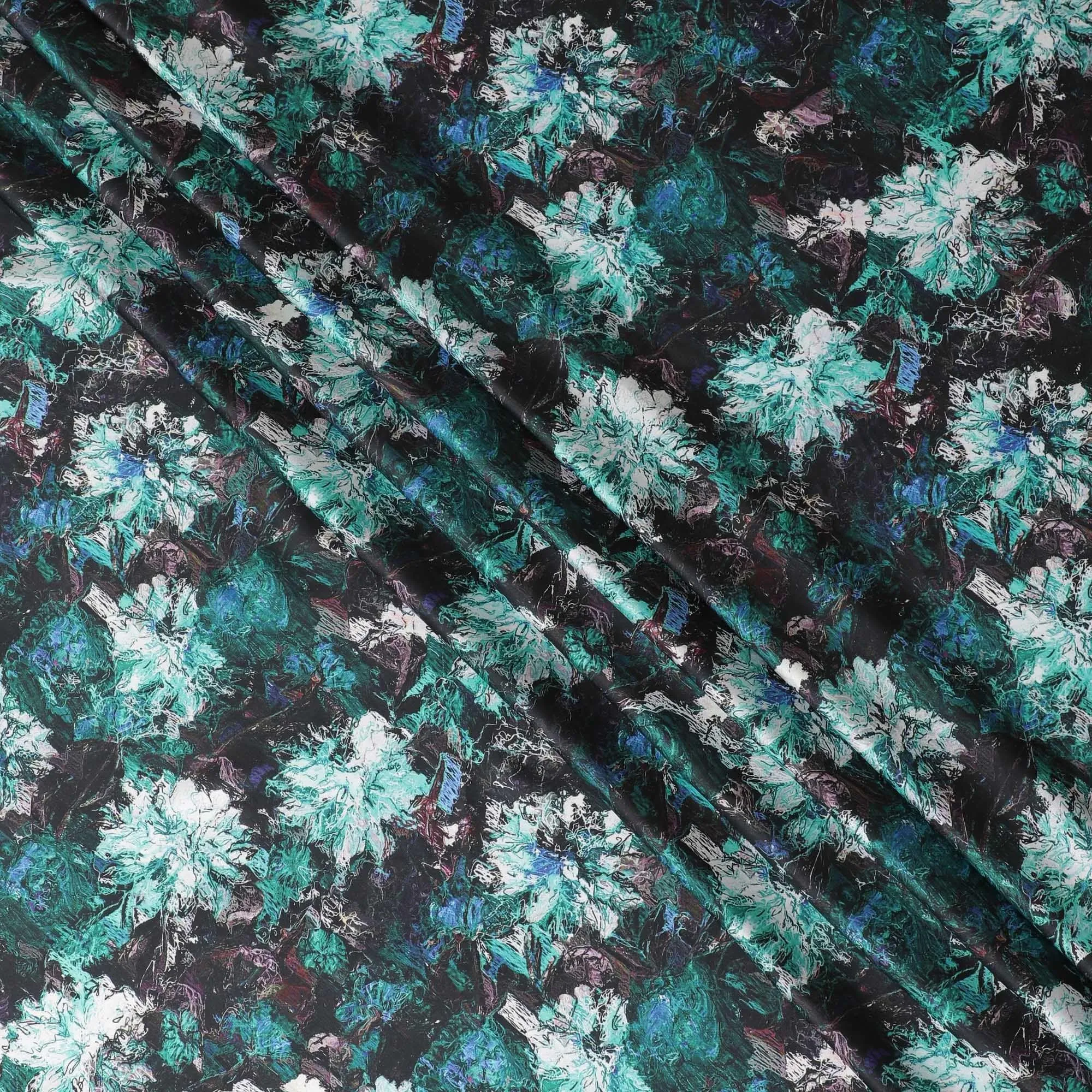 Black synthetic satin fabric with multicolor print in floral design-D14178