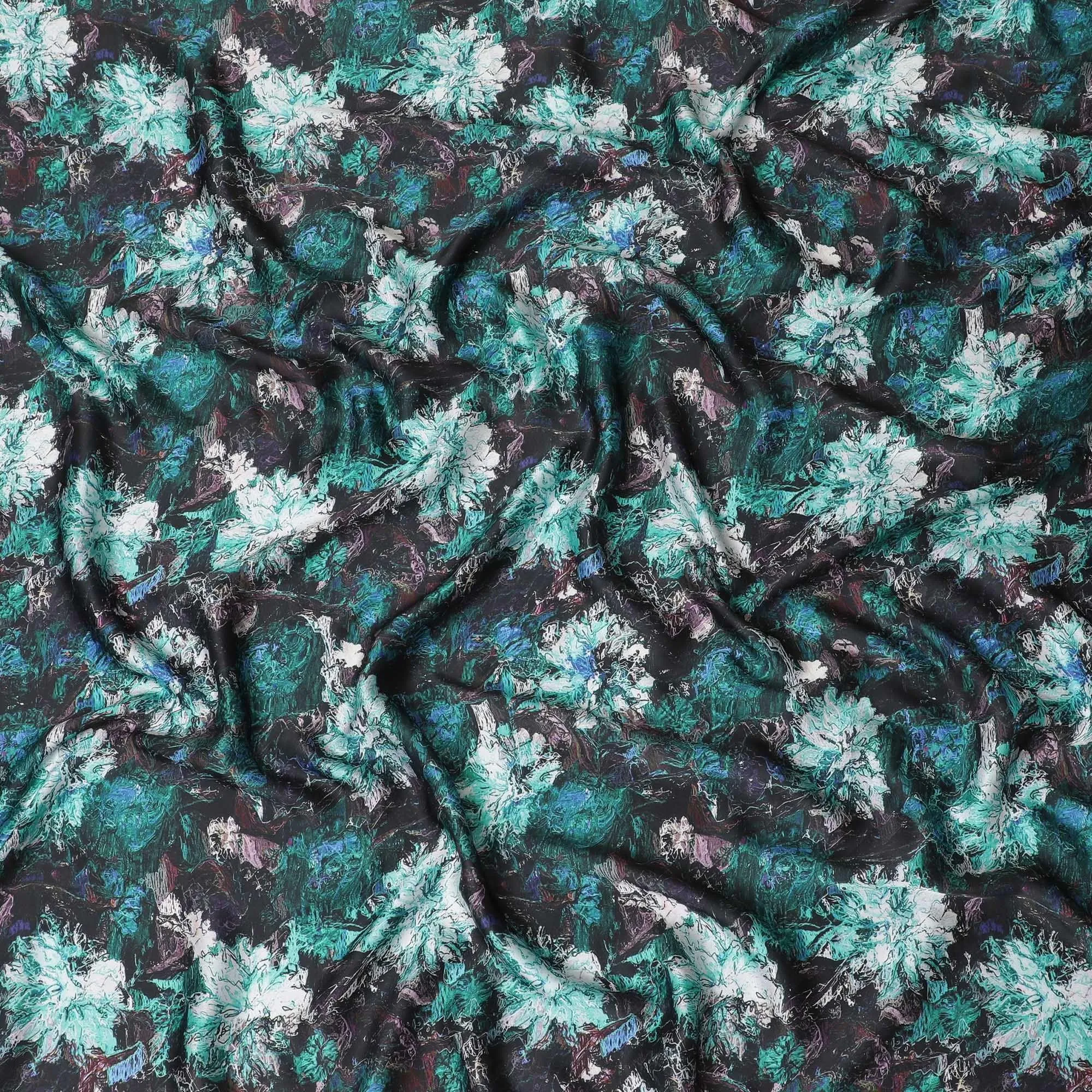 Black synthetic satin fabric with multicolor print in floral design-D14178