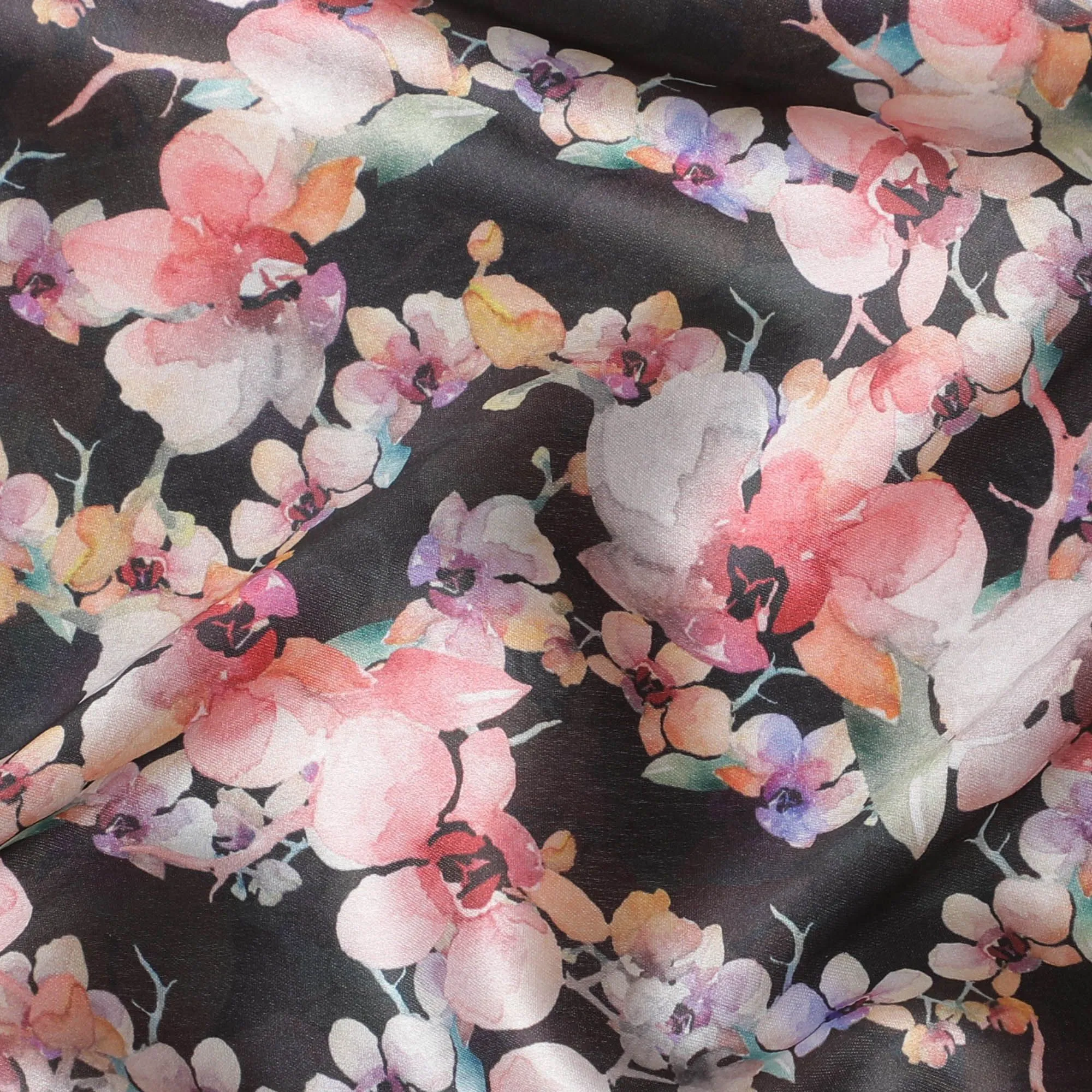 Black synthetic satin fabric with multicolor print in floral design-D17053