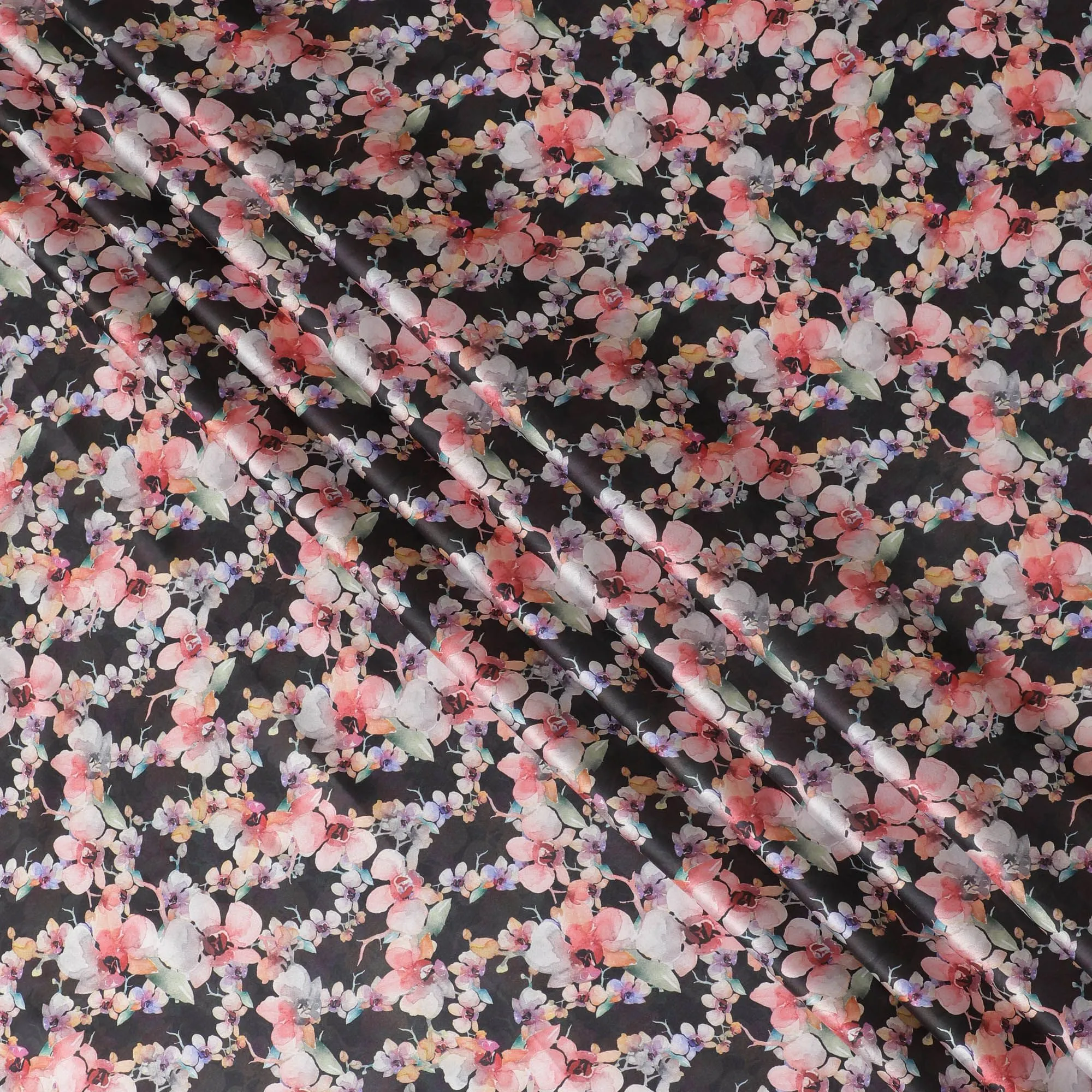 Black synthetic satin fabric with multicolor print in floral design-D17053