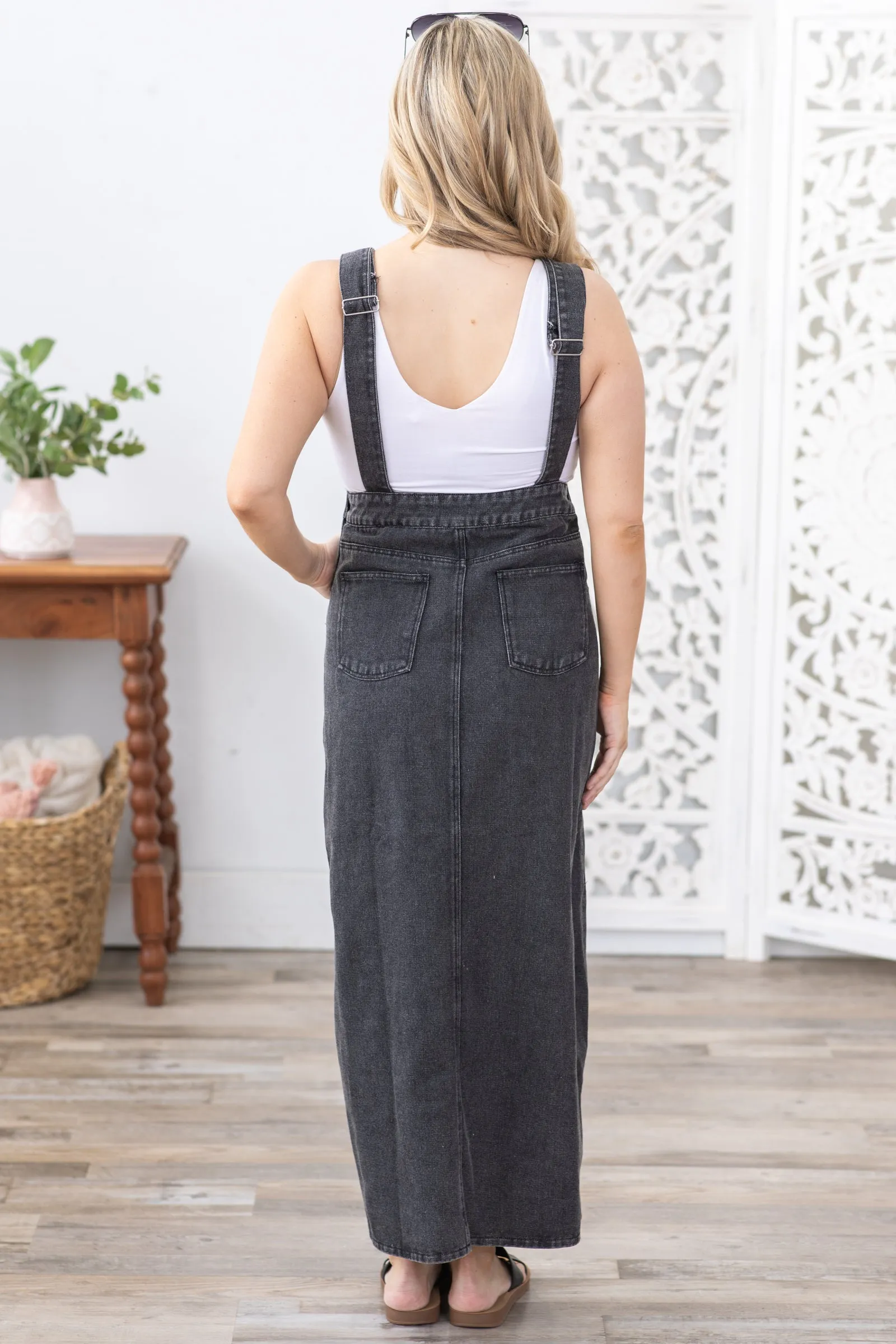 Black Washed Denim Overall Dress