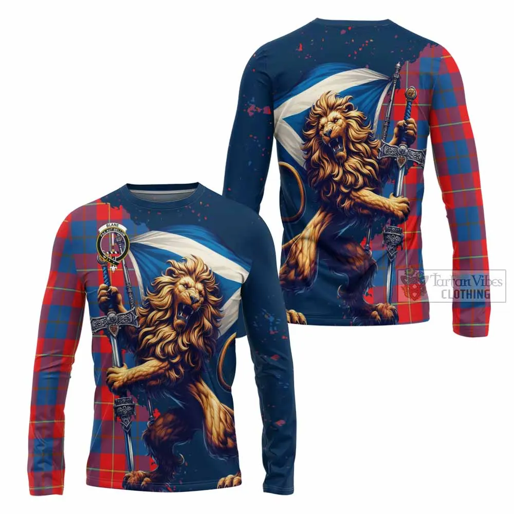 Blane Tartan Family Crest Long Sleeve T-Shirt with Scottish Majestic Lion