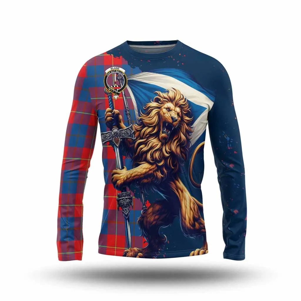 Blane Tartan Family Crest Long Sleeve T-Shirt with Scottish Majestic Lion