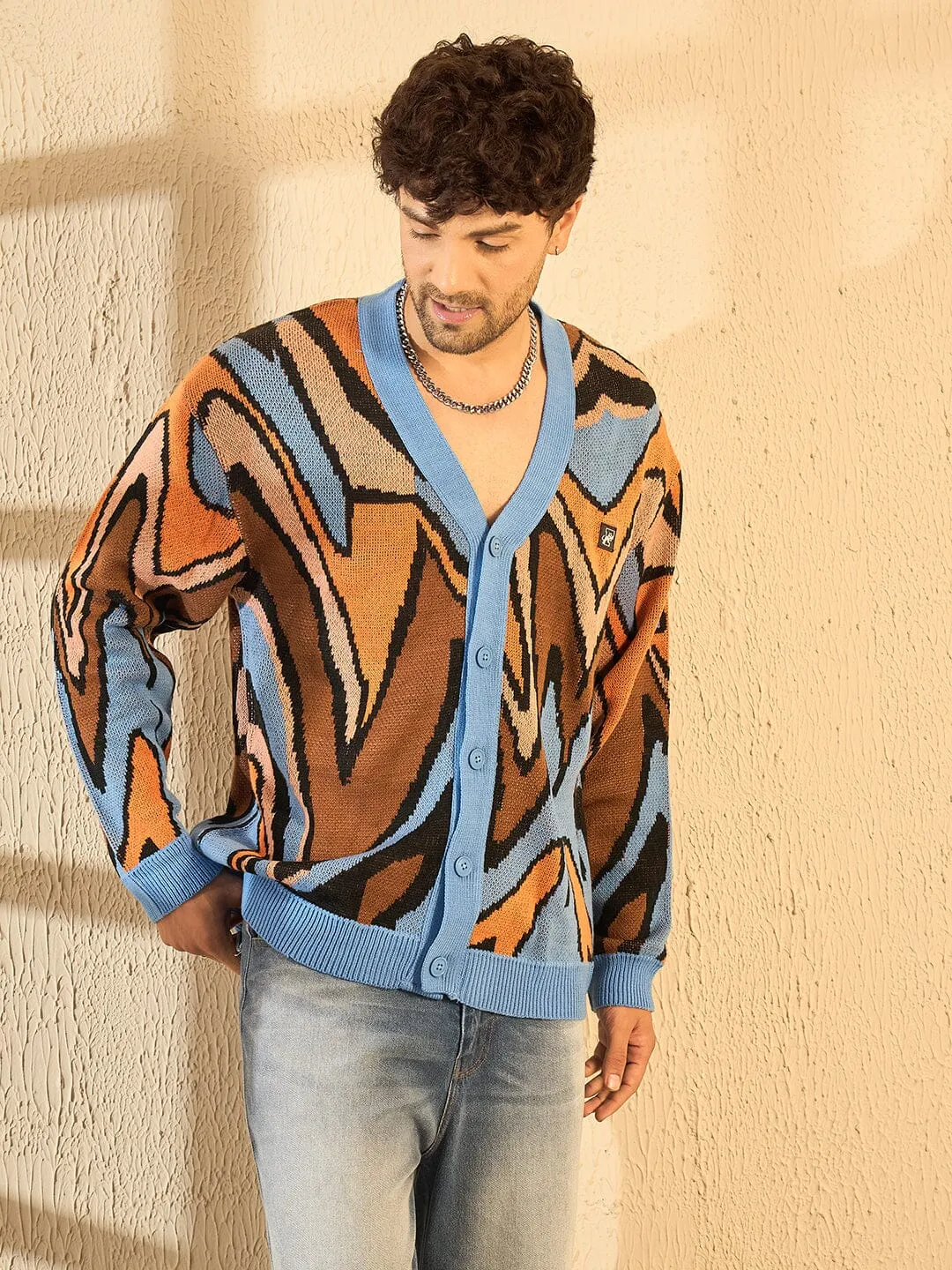 Blue Abstract Graphic Cardigan