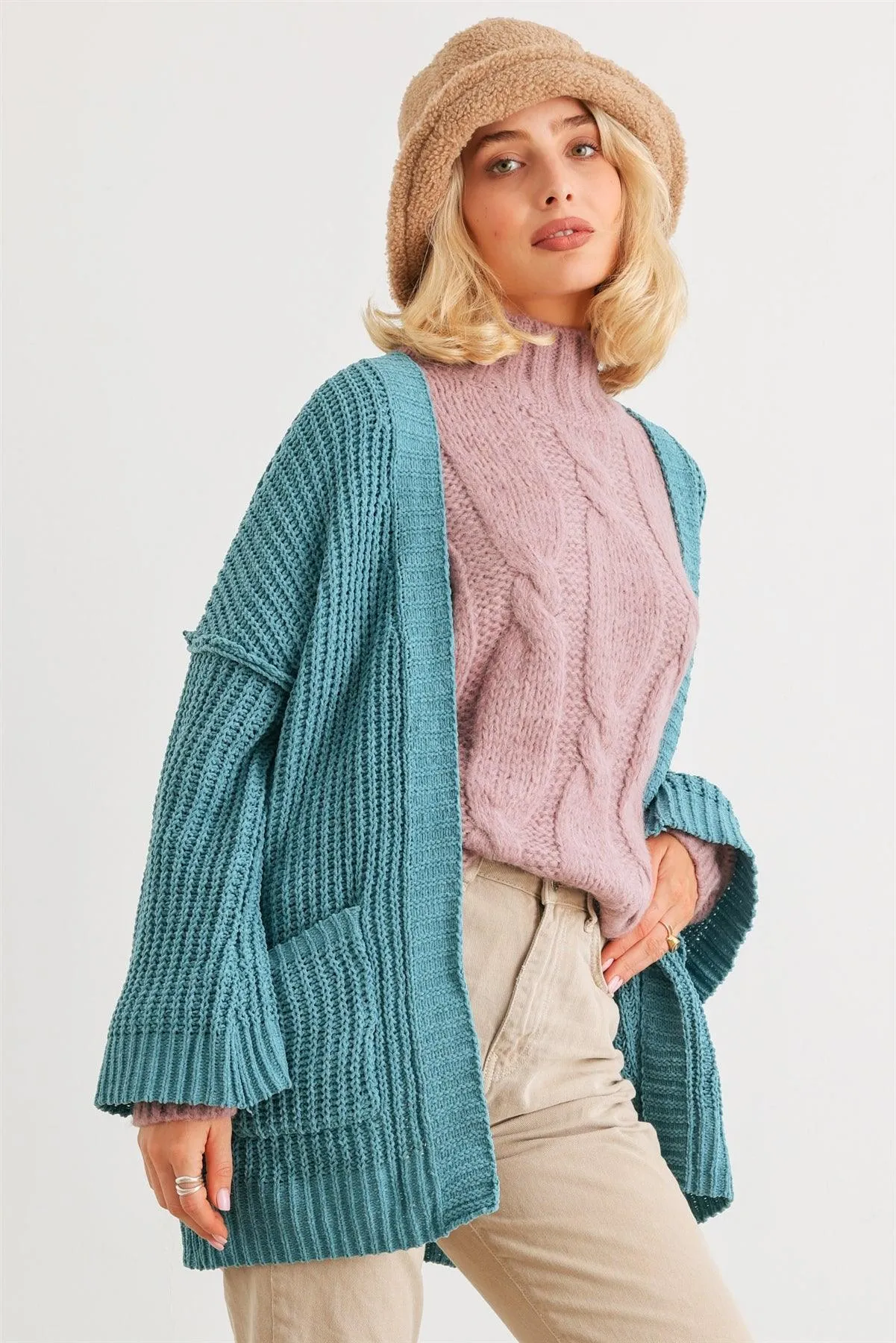 Blue Knit Long Sleeve Two Pocket Open Front Cardigan