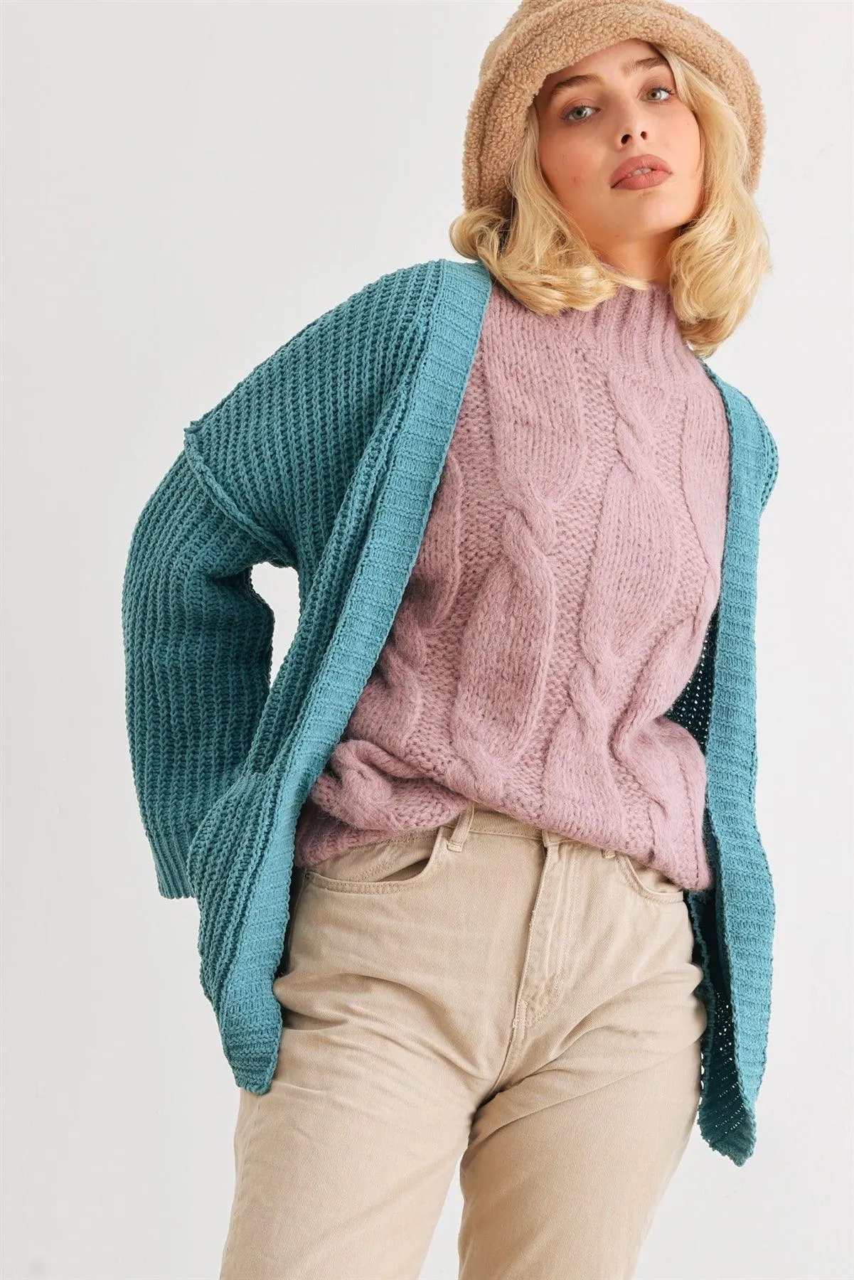 Blue Knit Long Sleeve Two Pocket Open Front Cardigan