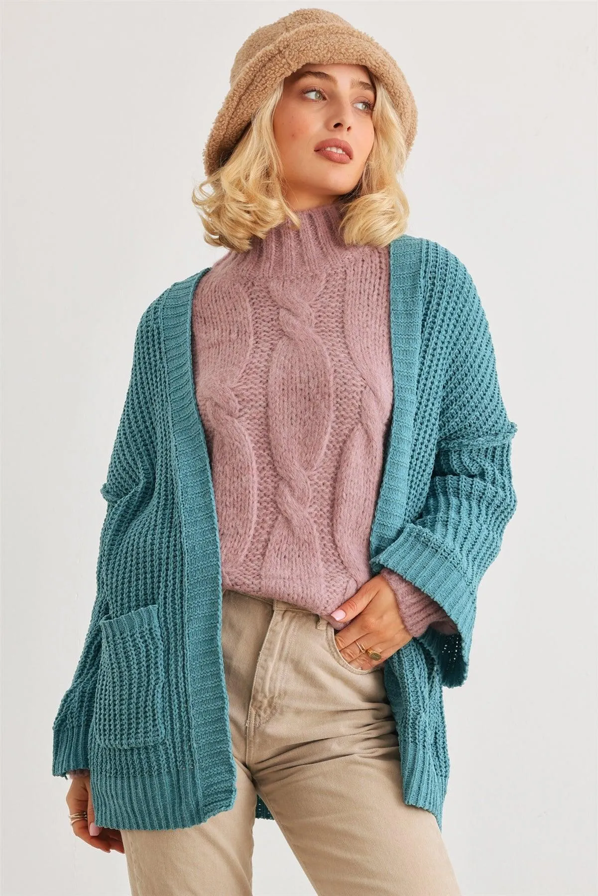 Blue Knit Long Sleeve Two Pocket Open Front Cardigan