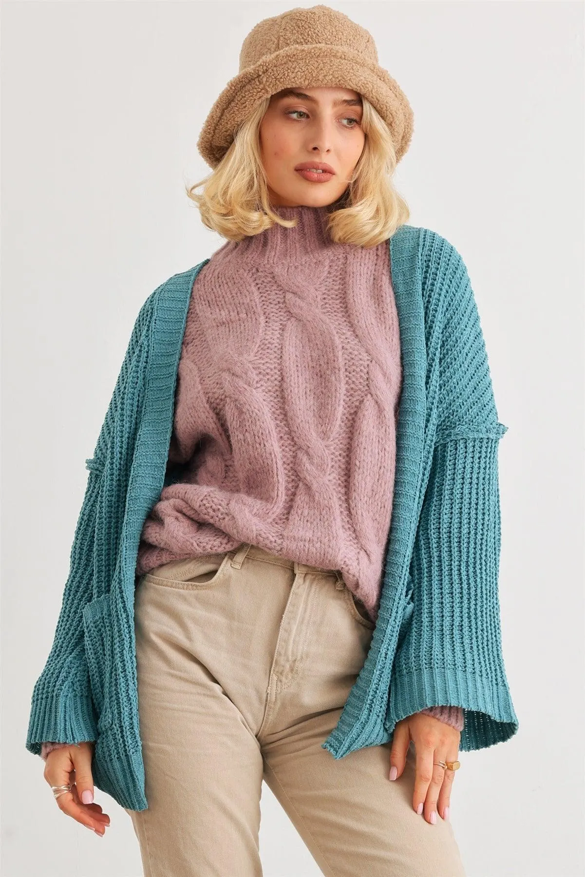 Blue Knit Long Sleeve Two Pocket Open Front Cardigan