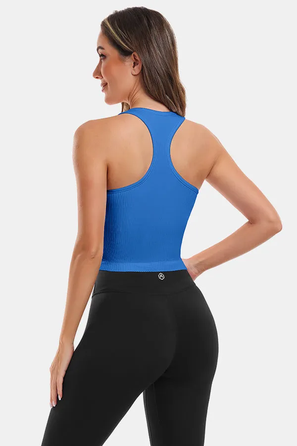 Blue Short Navel-Exposed Racerback Design U-Neck Seamless Tight Fit Yoga Tank