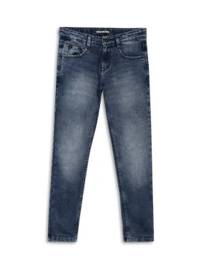 Blue Solid Cotton Denim Flat Front Mid Rise Full Length Regular Fit Casual Jeans For Boys