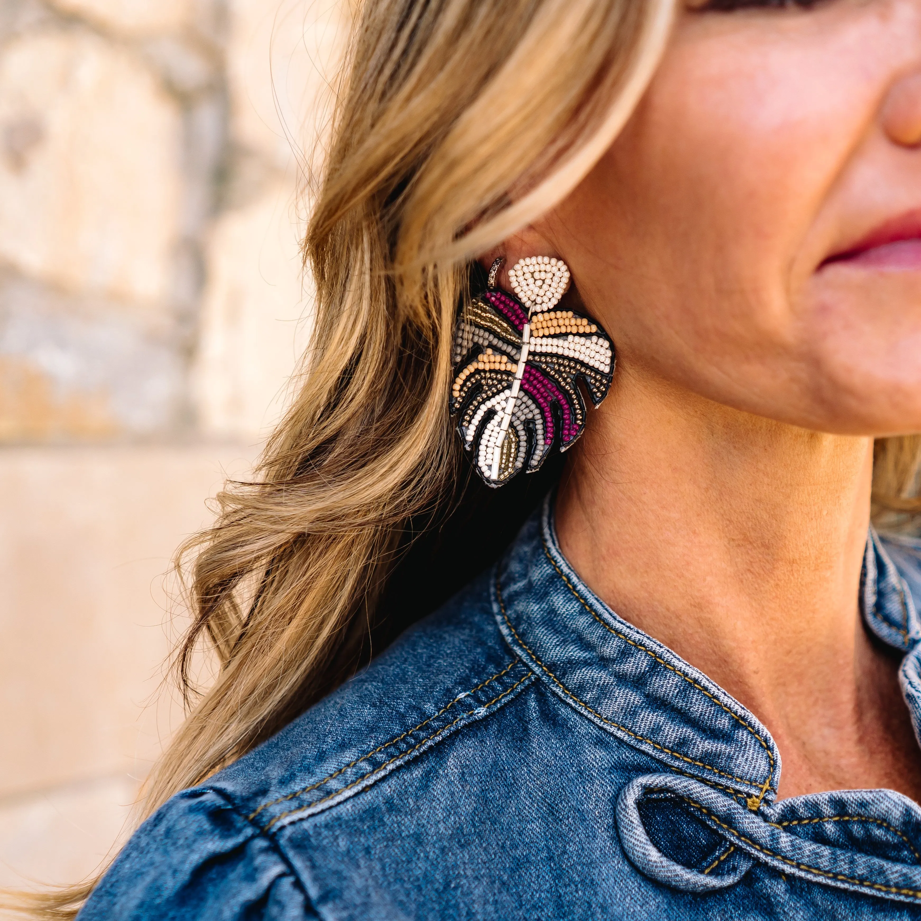 Bohemian Beaded Monstera Leaf Earring