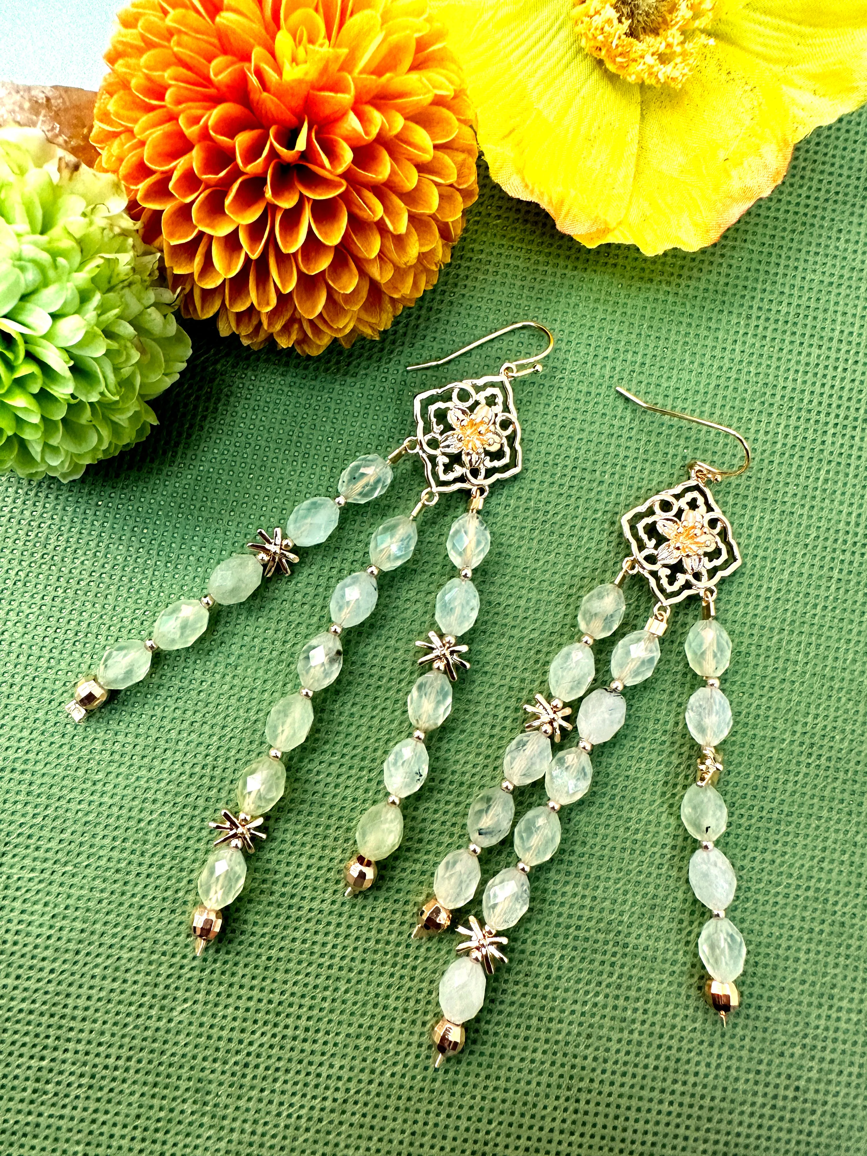 Bohemian Flower Frame with Prehnite Beaded Tassel Earrings LE033