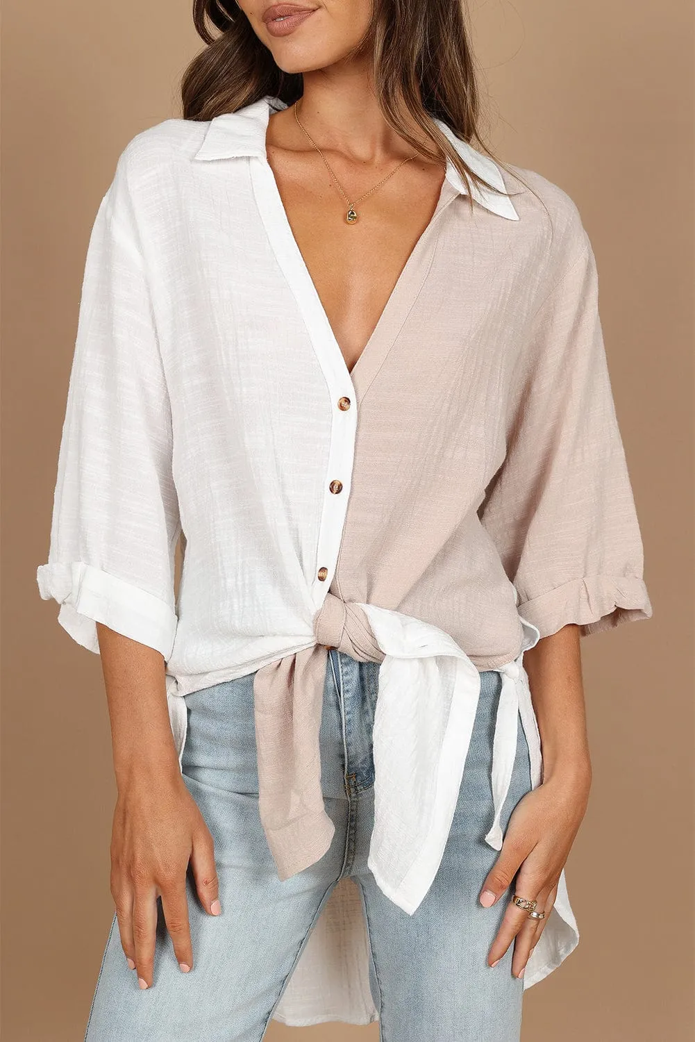 Bohemian Style Two-Tone Cotton Blouse