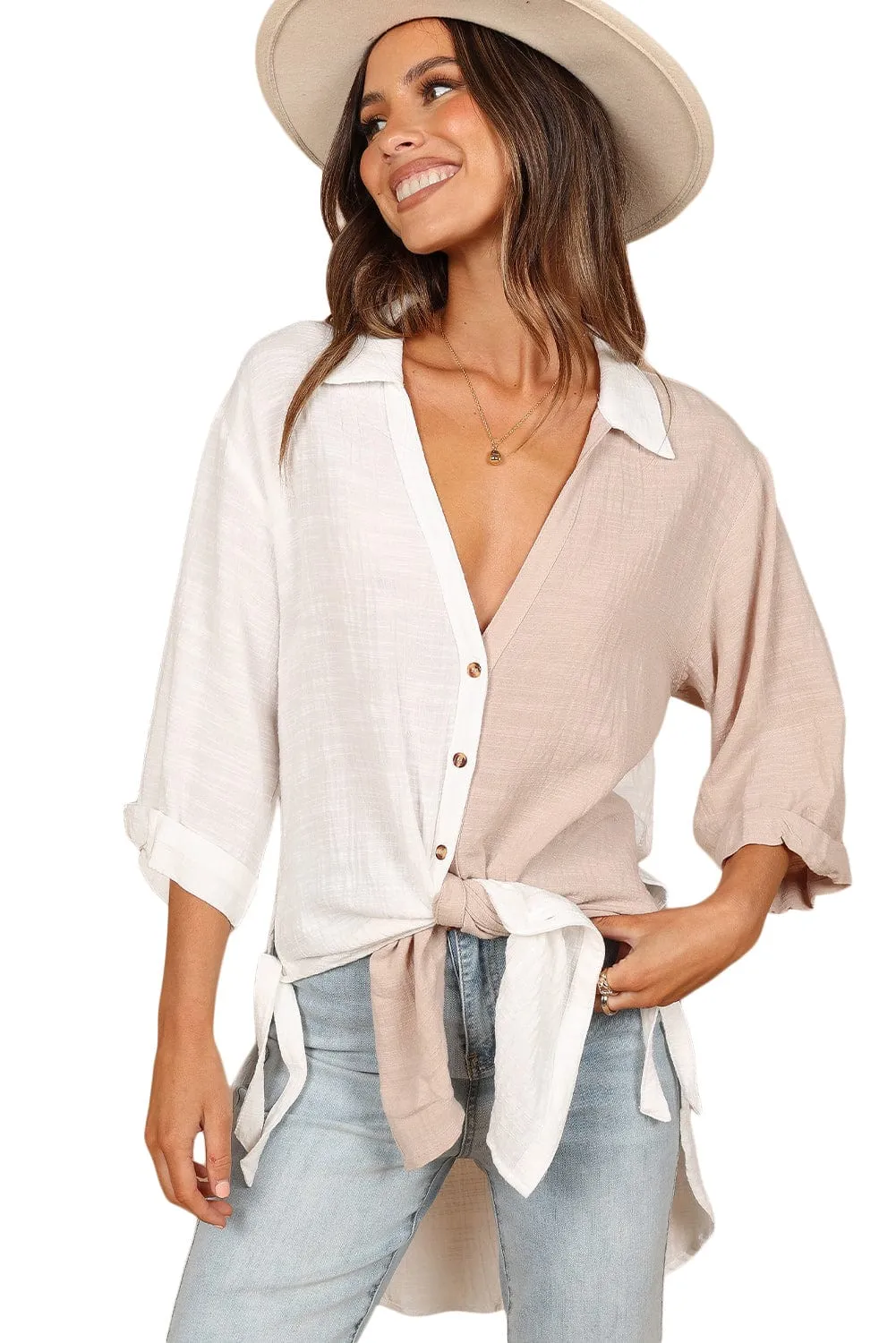 Bohemian Style Two-Tone Cotton Blouse