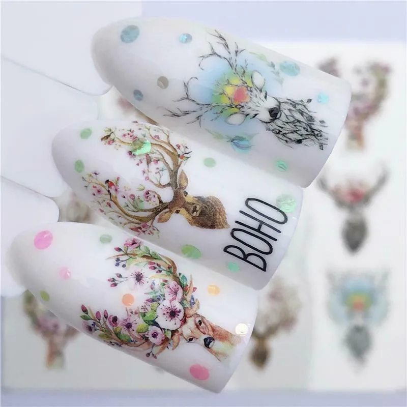 Boho Nail Transfers Deer Antlers Roses Flowers Bohemian Decals Stickers For Fingernails Flower Of Life Geometric Shapes