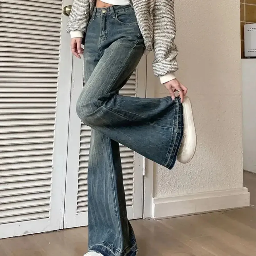 Bonnyshow Vintage high waist jeans women skinny flared pants new washed craft horseshoe pants fashionable baggy slouchy trousers