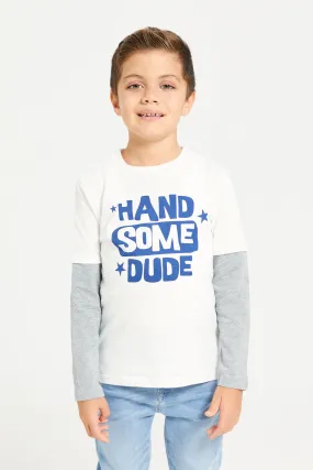 Boys White And Blue Handsome Print T-Shirt