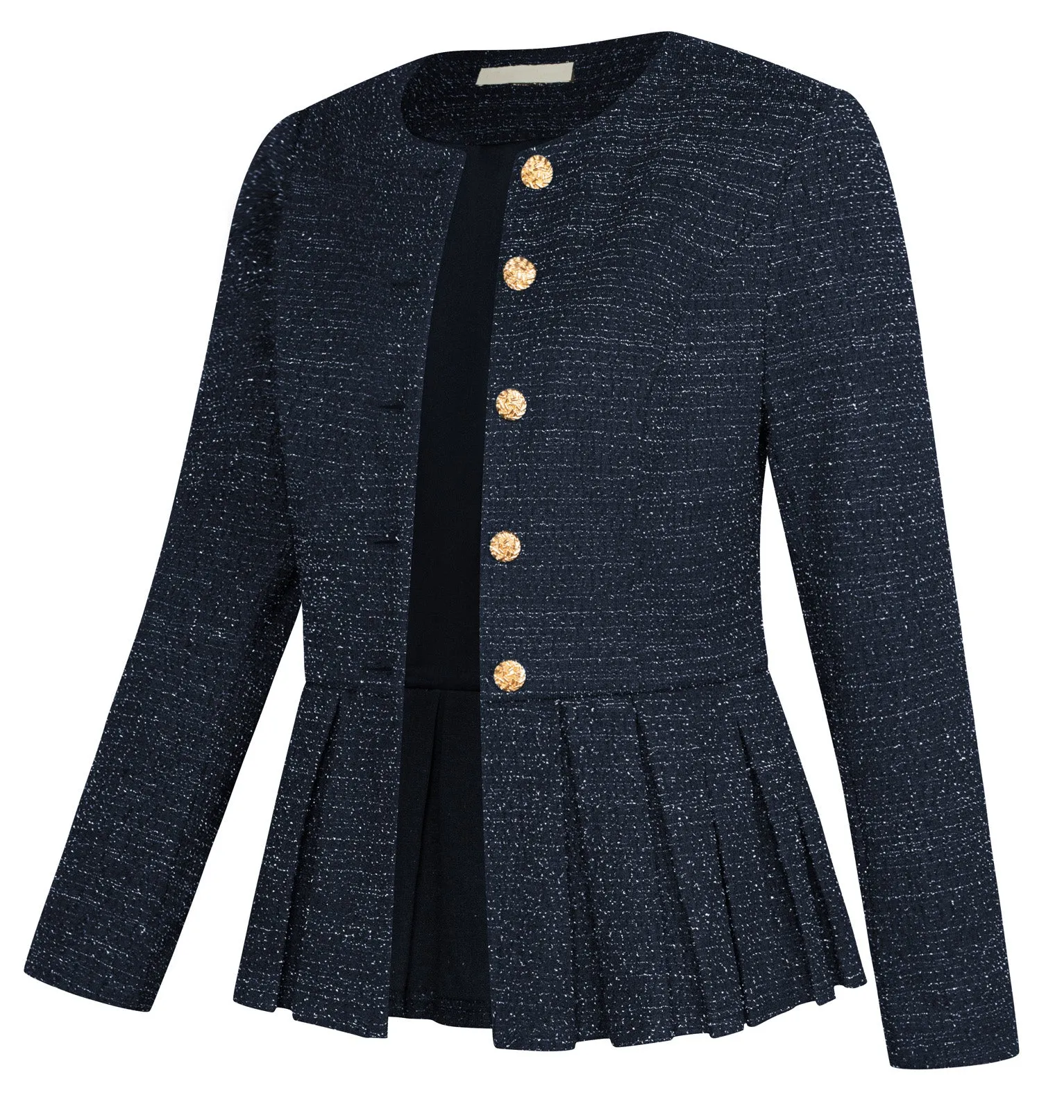 BP Women Vintage Tweed Coat Long Sleeve Crew Neck Pleated Hem Jacket