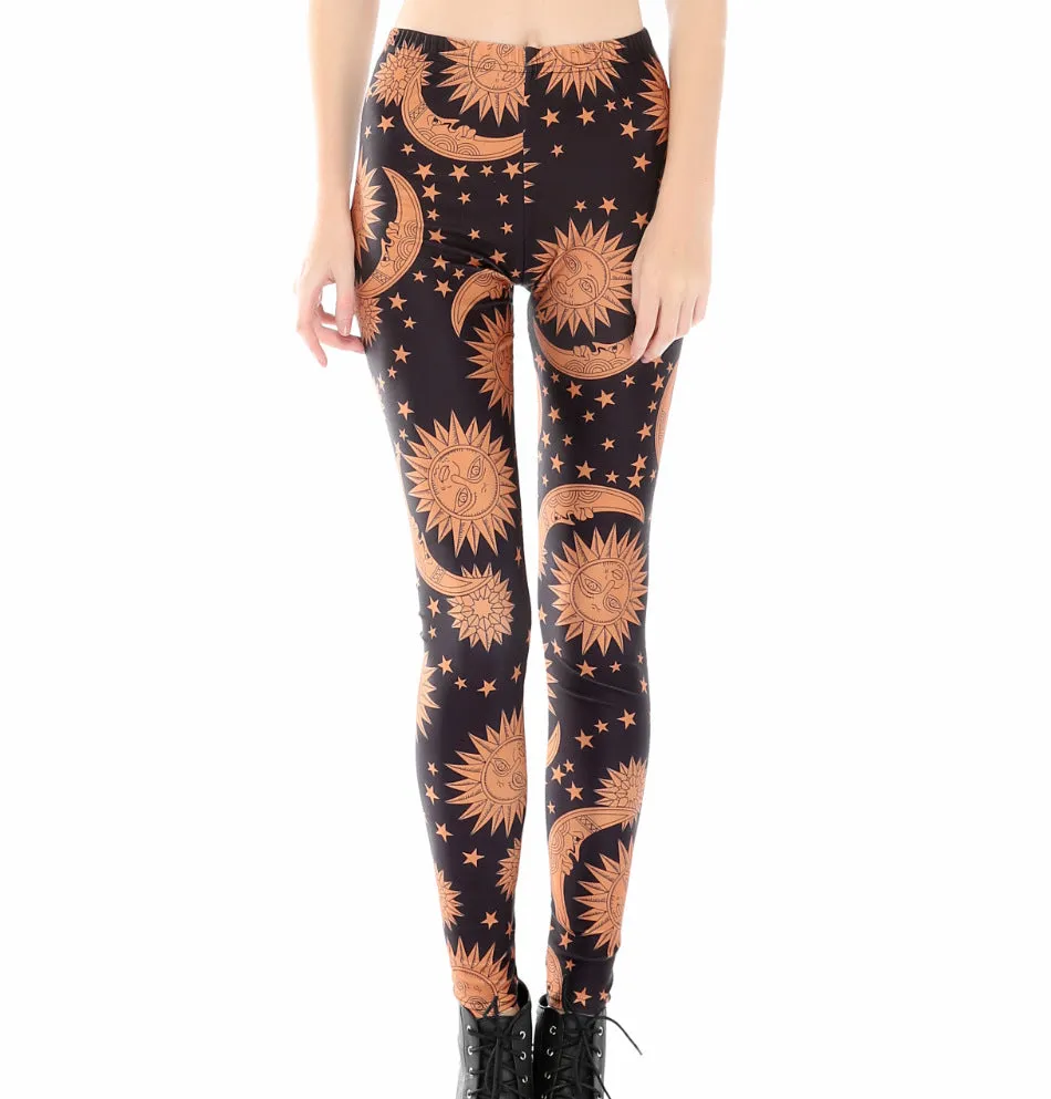 Brown Moon Sun Print Bohemian Style Slim Leggings