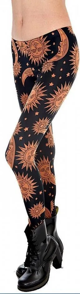 Brown Moon Sun Print Bohemian Style Slim Leggings