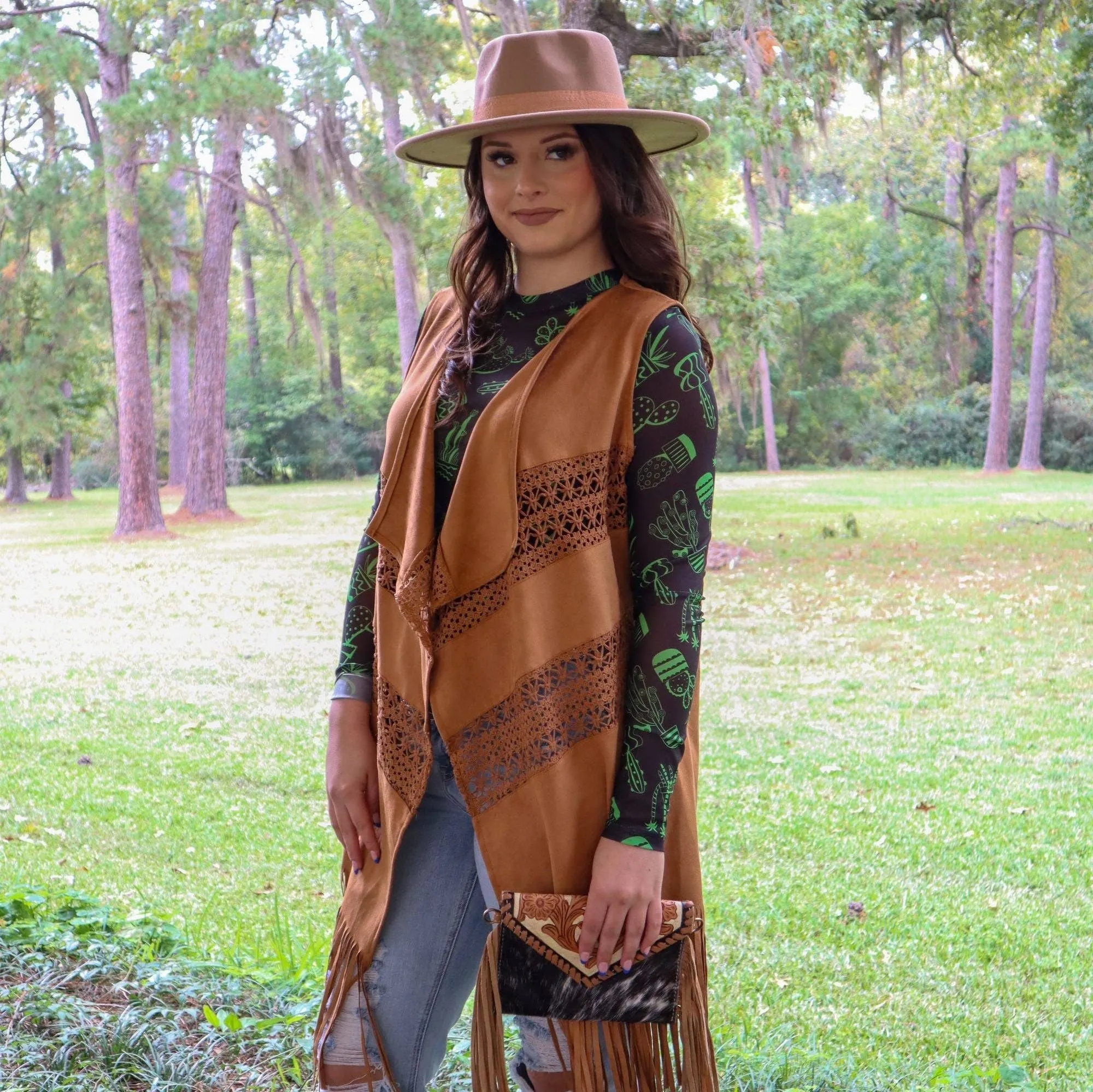 Buffalo Bill Vegan Suede Crochet Duster in Brown | Open-front Coat Outerwear [Sizes SM and Plus]