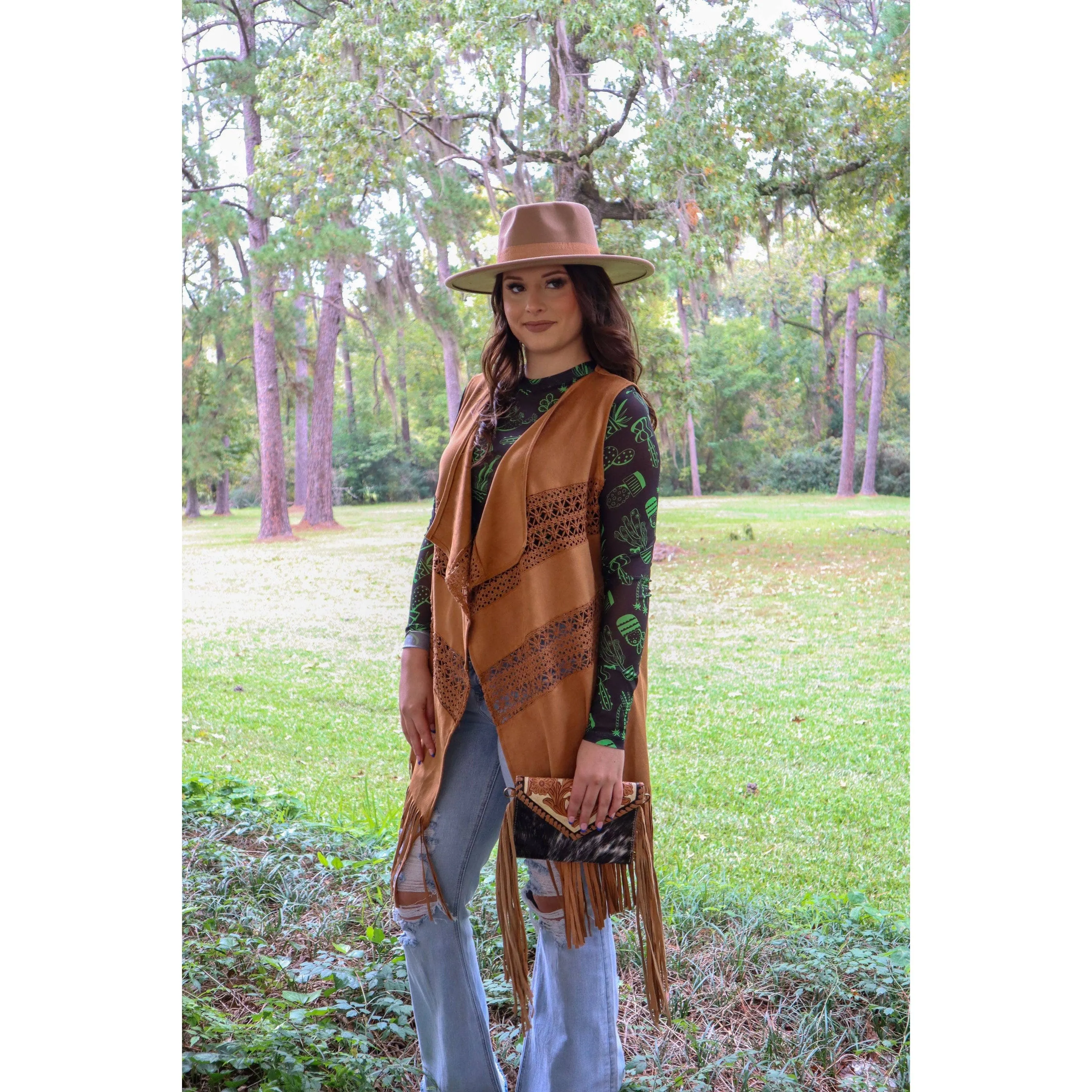 Buffalo Bill Vegan Suede Crochet Duster in Brown | Open-front Coat Outerwear [Sizes SM and Plus]