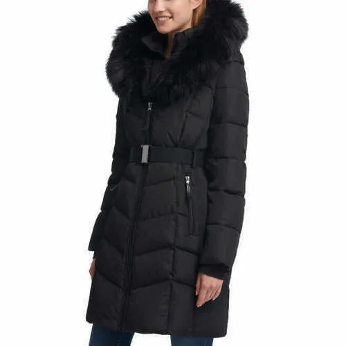 Calvin Klein Faux Fur-Trim Belted Quilted Parka Coat Jacket