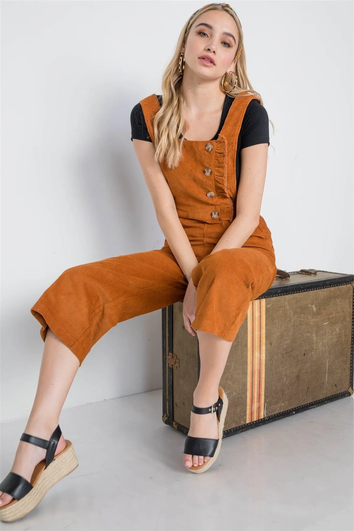 Camel Corduroy Button Front Ankle Length Overall Jumpsuit /2-2-2