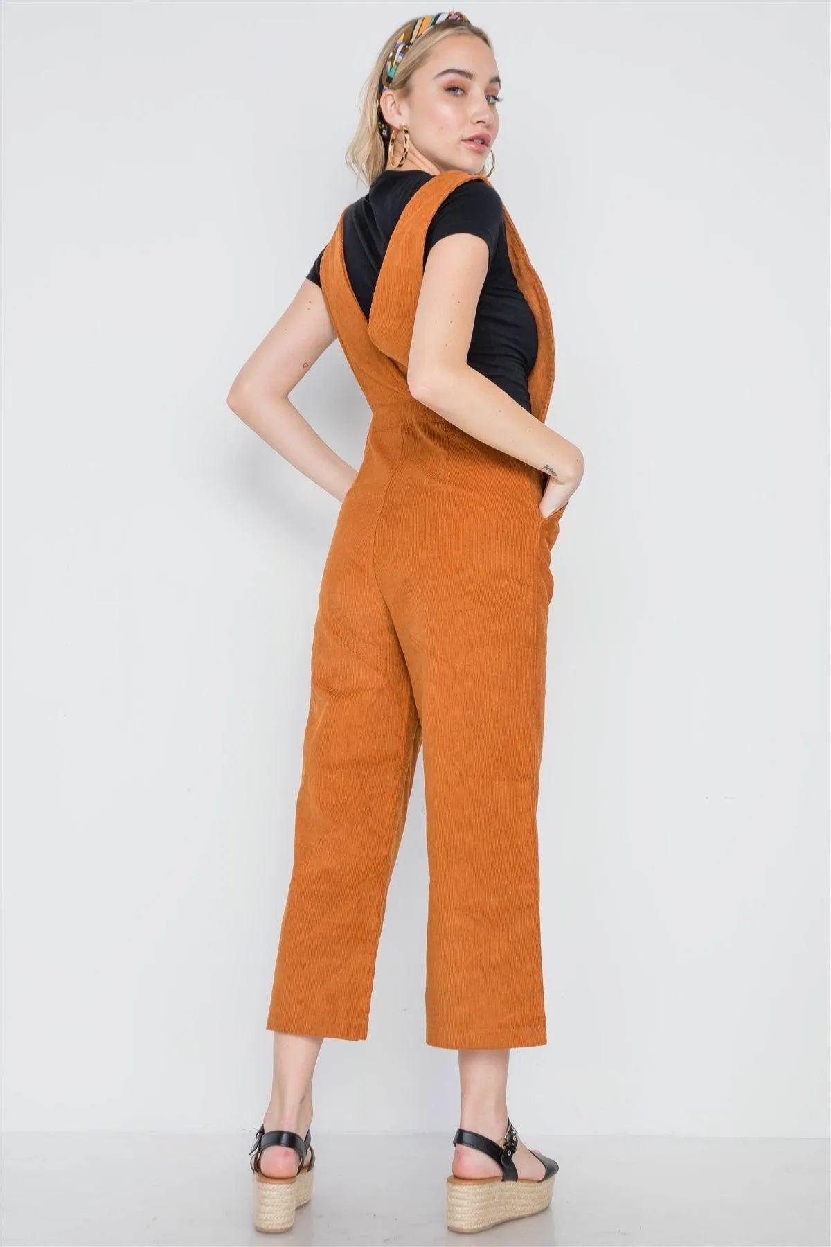 Camel Corduroy Button Front Ankle Length Overall Jumpsuit /2-2-2