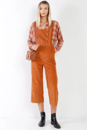 Camel Corduroy Button Front Ankle Length Overall Jumpsuit /2-2-2