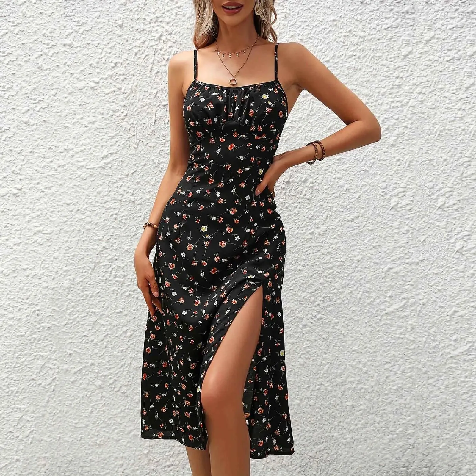 Casual Lace-Up Floral Print Summer Dress Sexy Strappy Hight Split Boho Dresses Backless Holiday Sundresses Women Robe Femme