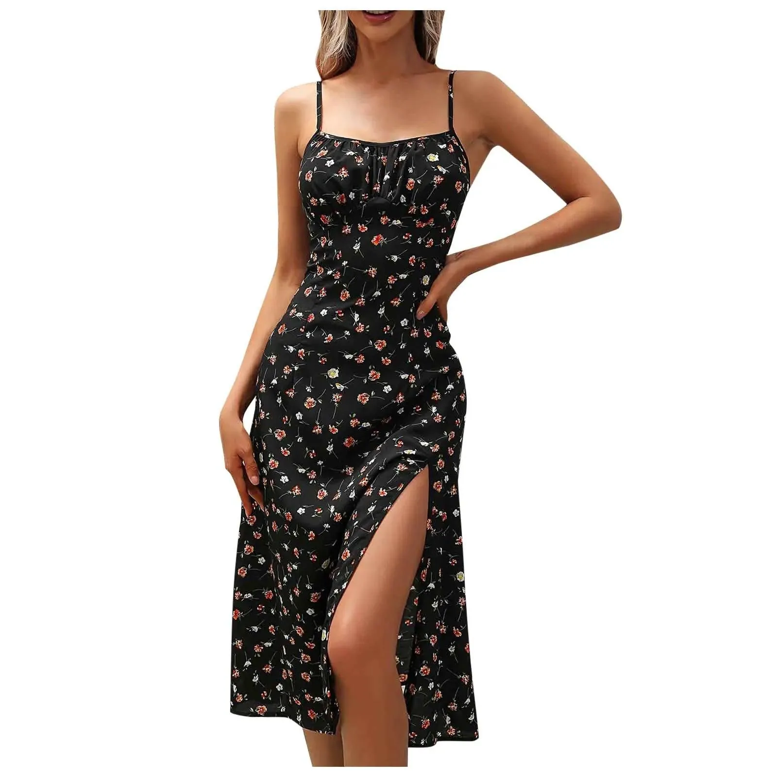 Casual Lace-Up Floral Print Summer Dress Sexy Strappy Hight Split Boho Dresses Backless Holiday Sundresses Women Robe Femme