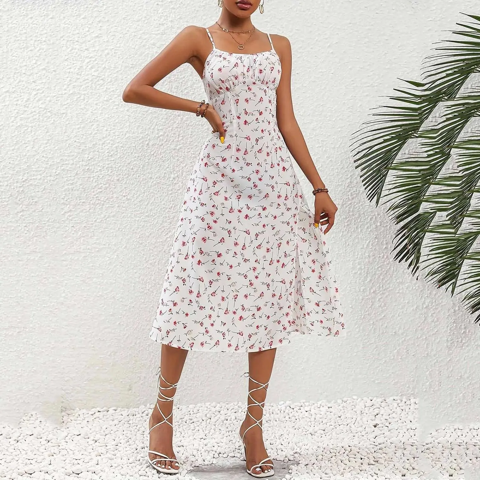 Casual Lace-Up Floral Print Summer Dress Sexy Strappy Hight Split Boho Dresses Backless Holiday Sundresses Women Robe Femme