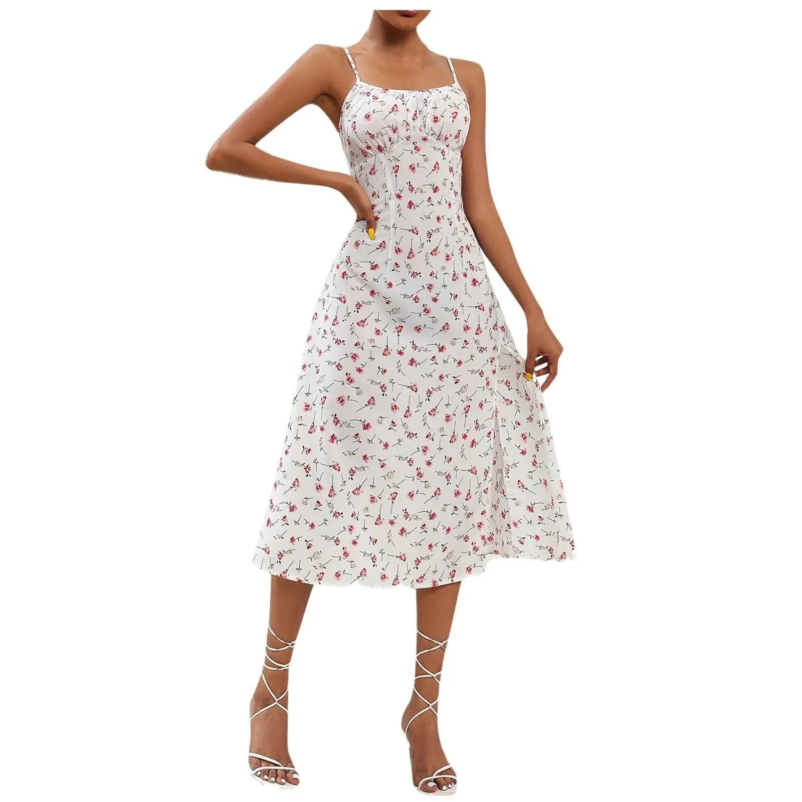 Casual Lace-Up Floral Print Summer Dress Sexy Strappy Hight Split Boho Dresses Backless Holiday Sundresses Women Robe Femme