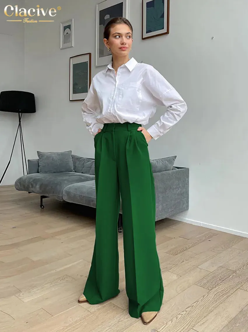 Clacive Blue Office Women'S Pants 2021 Fashion Loose Full Length Ladies Trousers Casual High Waist Wide Pants For Women