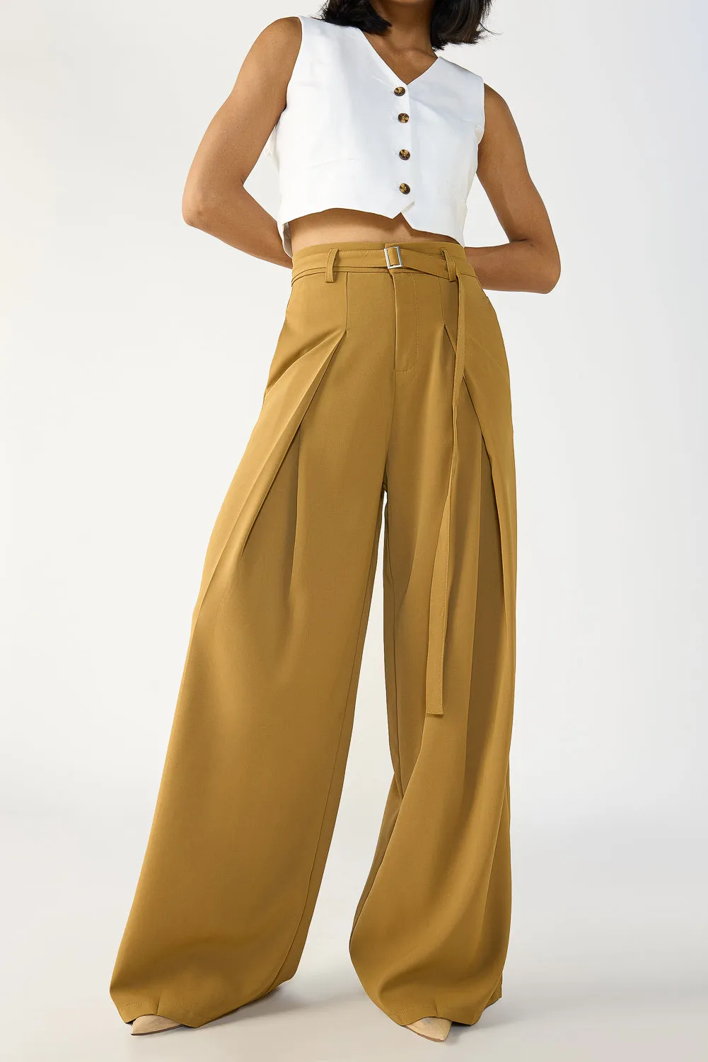 Clay Brown Belted Flared Korean Pants