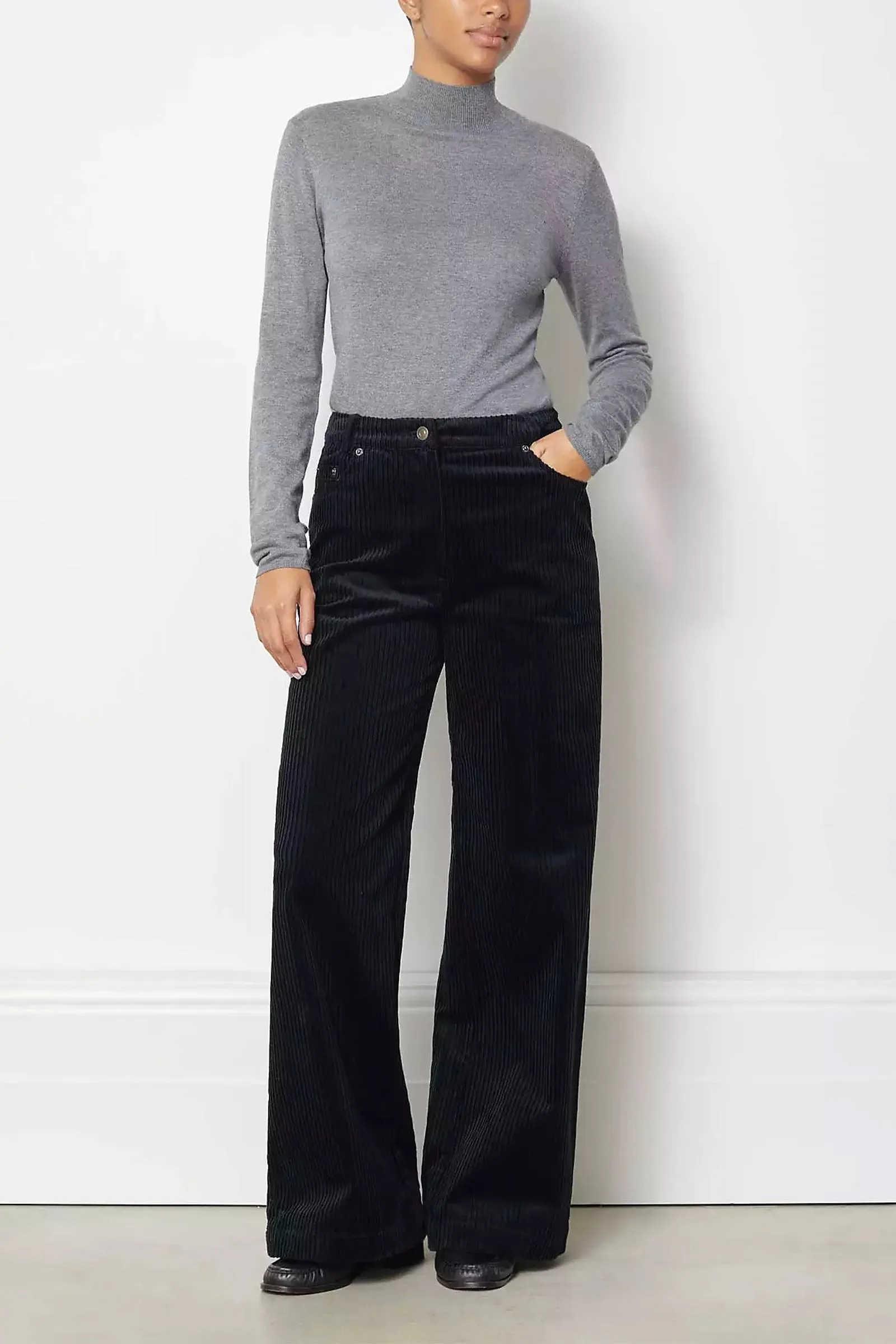 Cord Wide Leg Trousers, Black