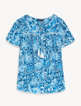 Cotton Blend Printed Tie Neck Blouse