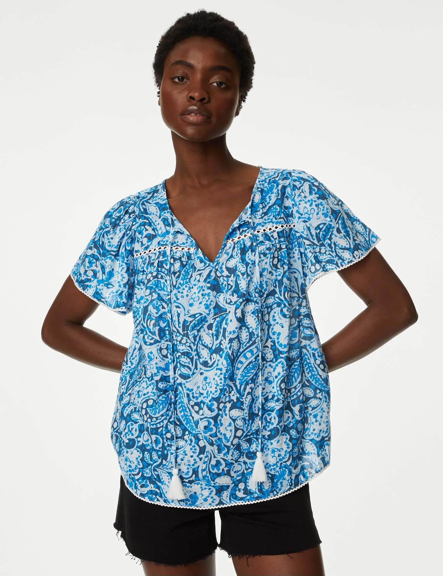 Cotton Blend Printed Tie Neck Blouse