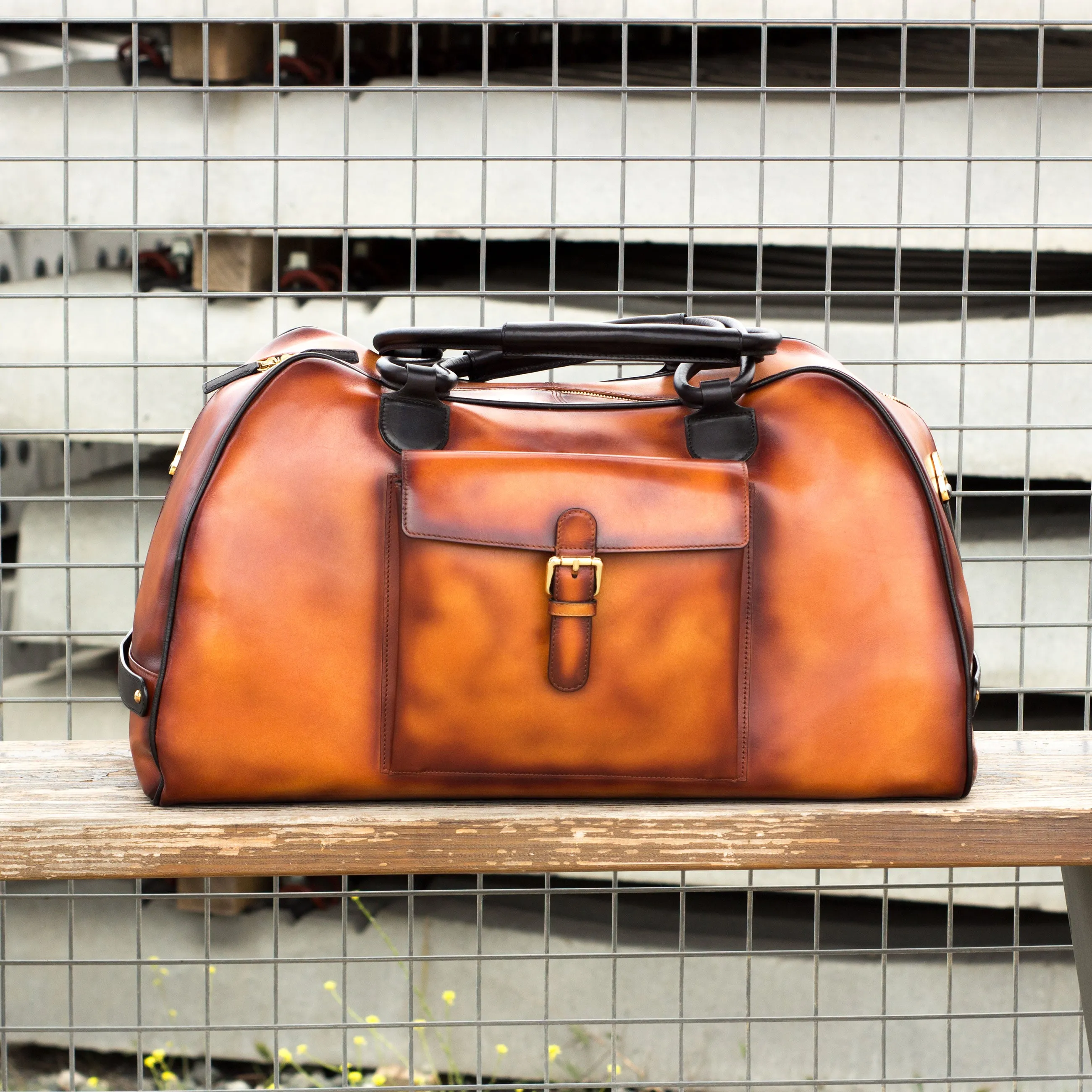 DapperFam Luxe Men's Travel Duffle in Cognac / Black Painted Calf