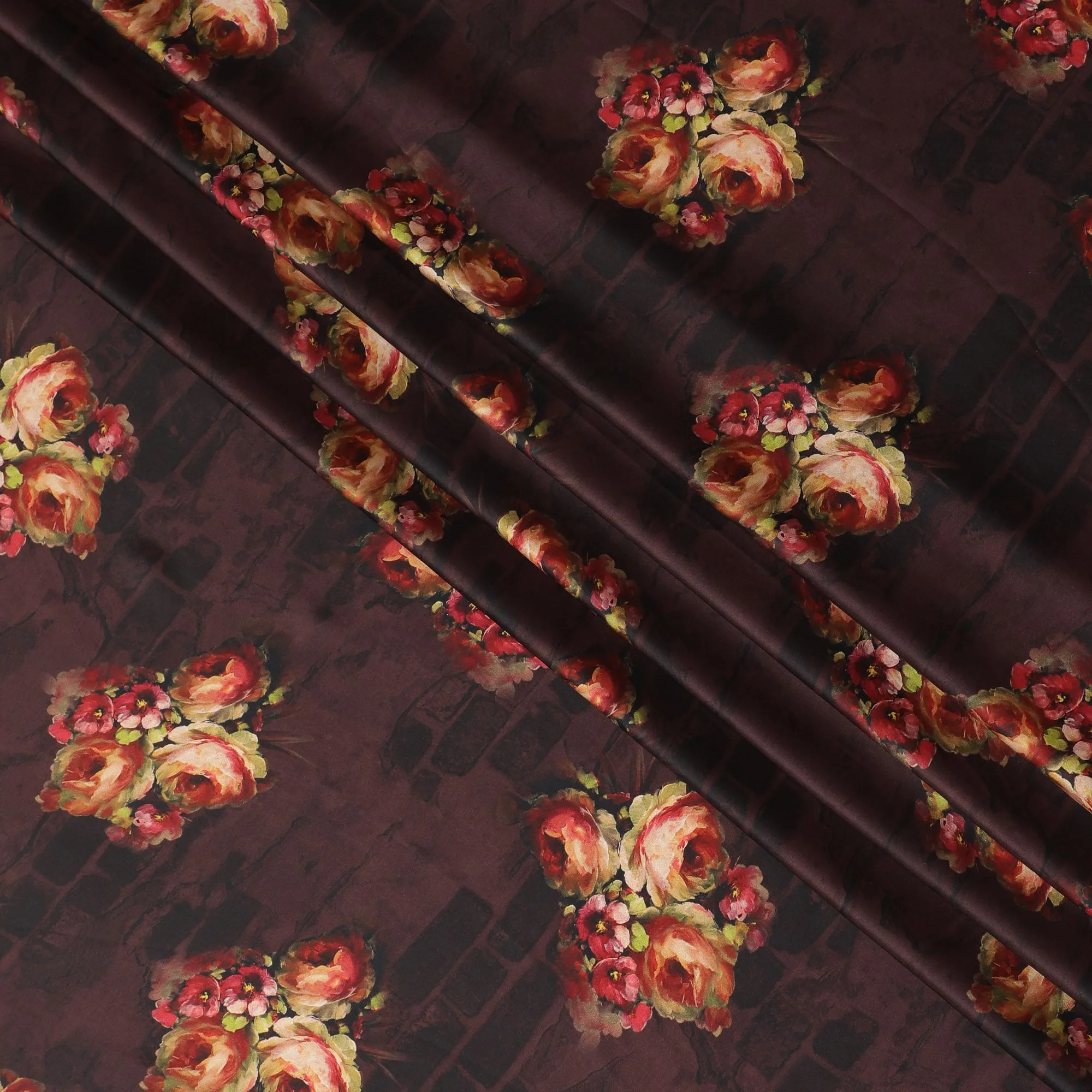 Dark maroon synthetic satin fabric with multicolor print in floral design-D16845