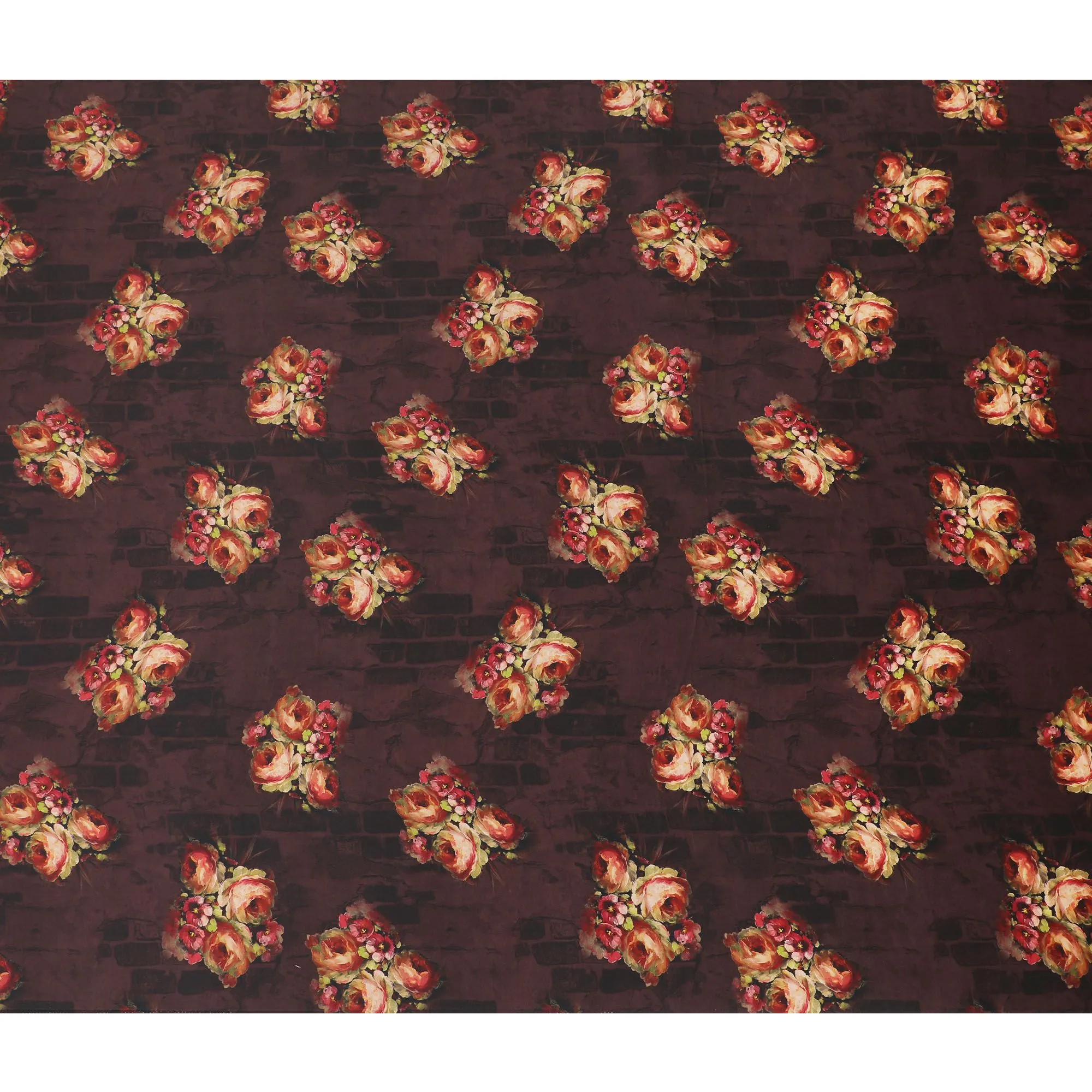 Dark maroon synthetic satin fabric with multicolor print in floral design-D16845