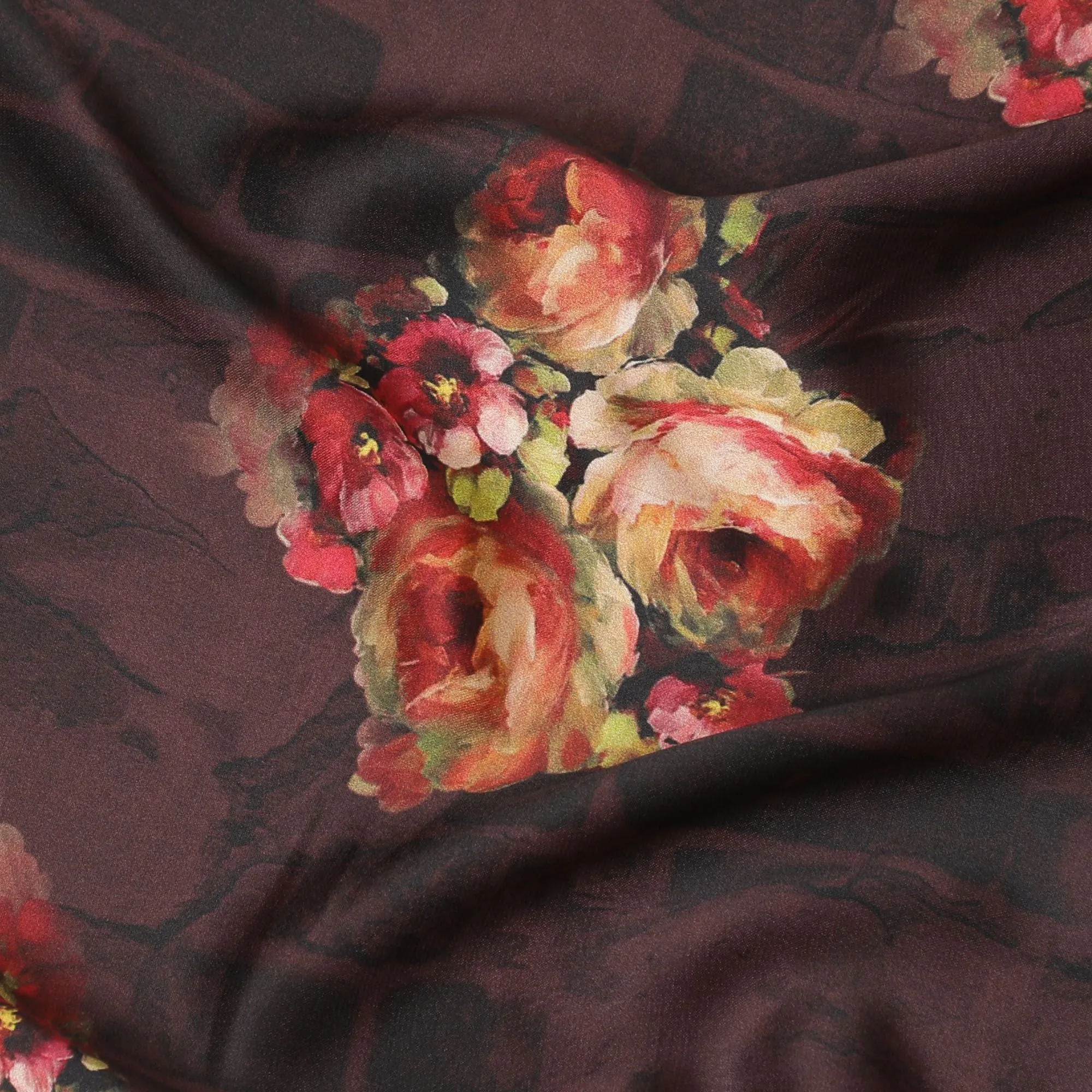 Dark maroon synthetic satin fabric with multicolor print in floral design-D16845