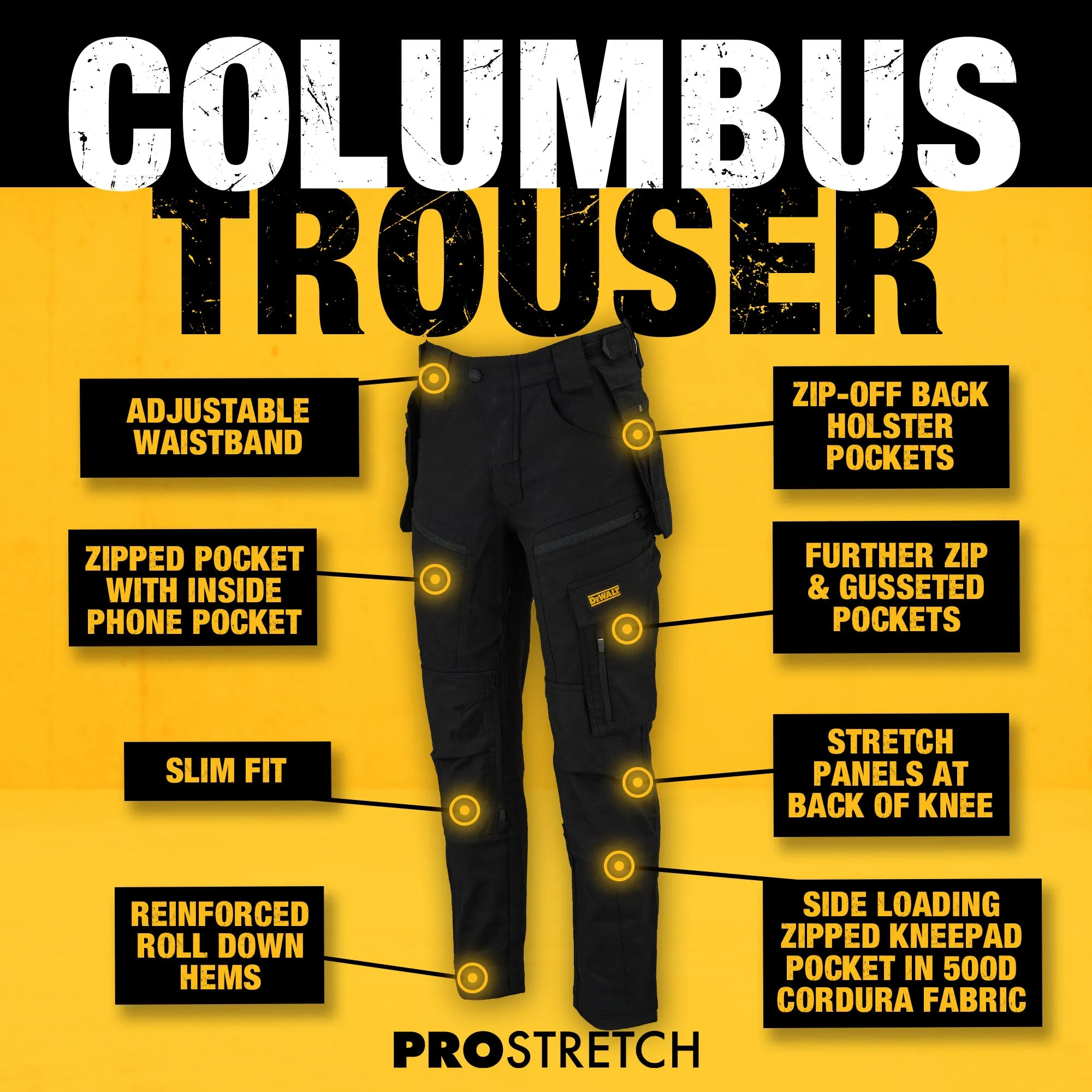 DEWALT Columbus Mens Pro-Stretch, Zip Off Holster Pocket, Slim Fit Work Trousers