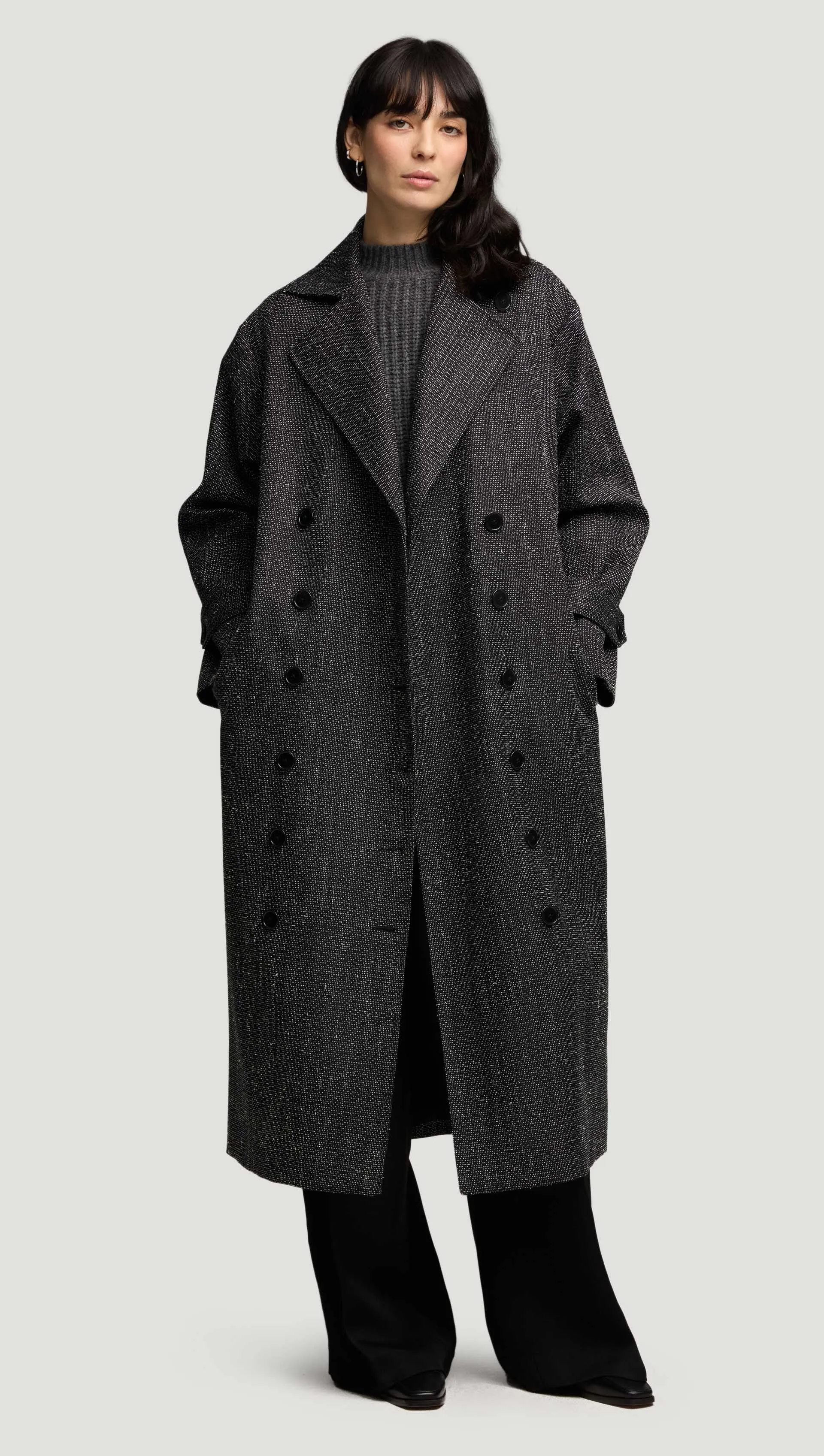 Double-Breasted Coat in Tweed | Black/White